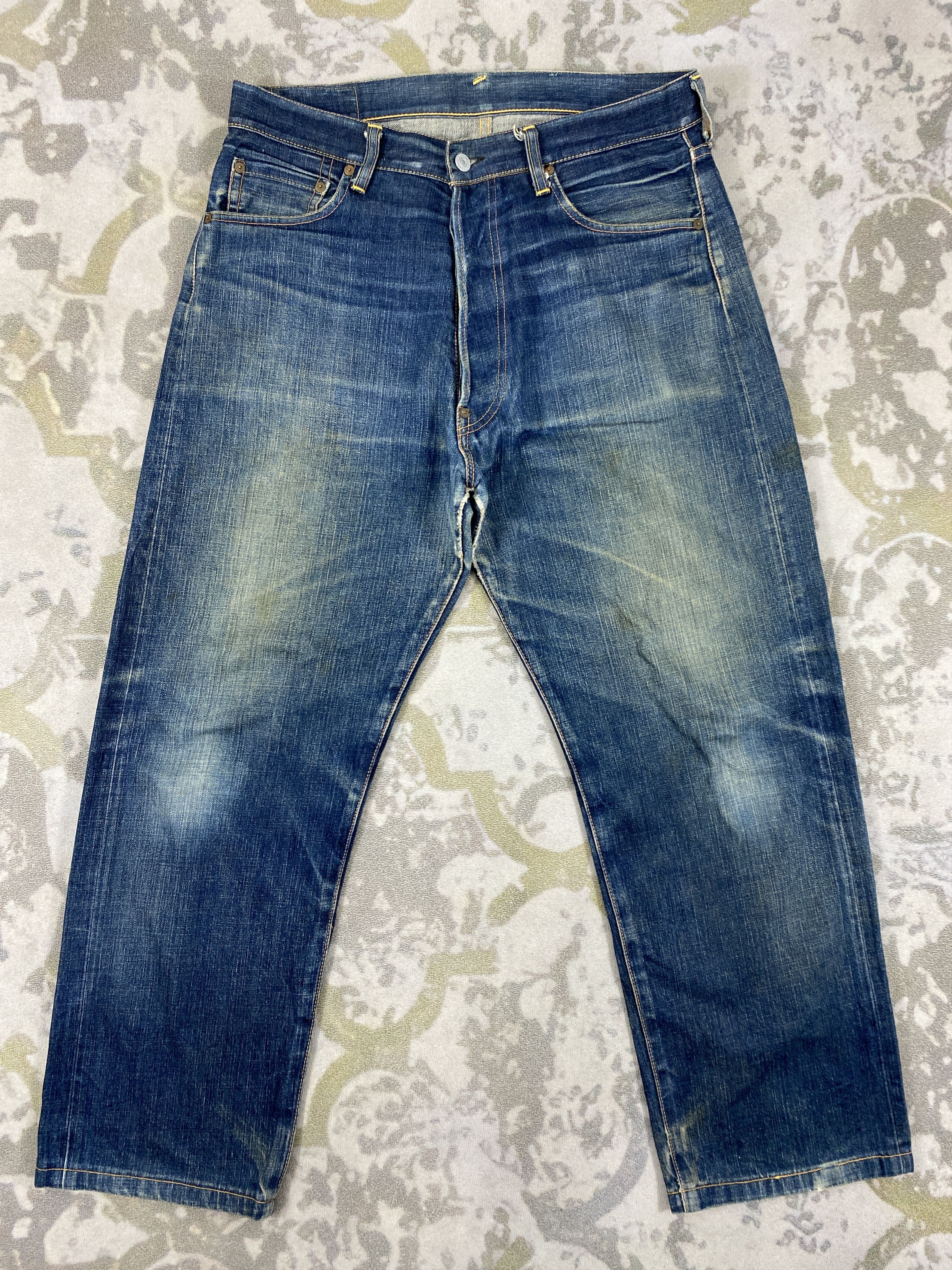 image of Hype Distressed Blue Vintage Yamane Jeans 35X28.5 Denim- Jn3578 in Blue Distressed, Men's