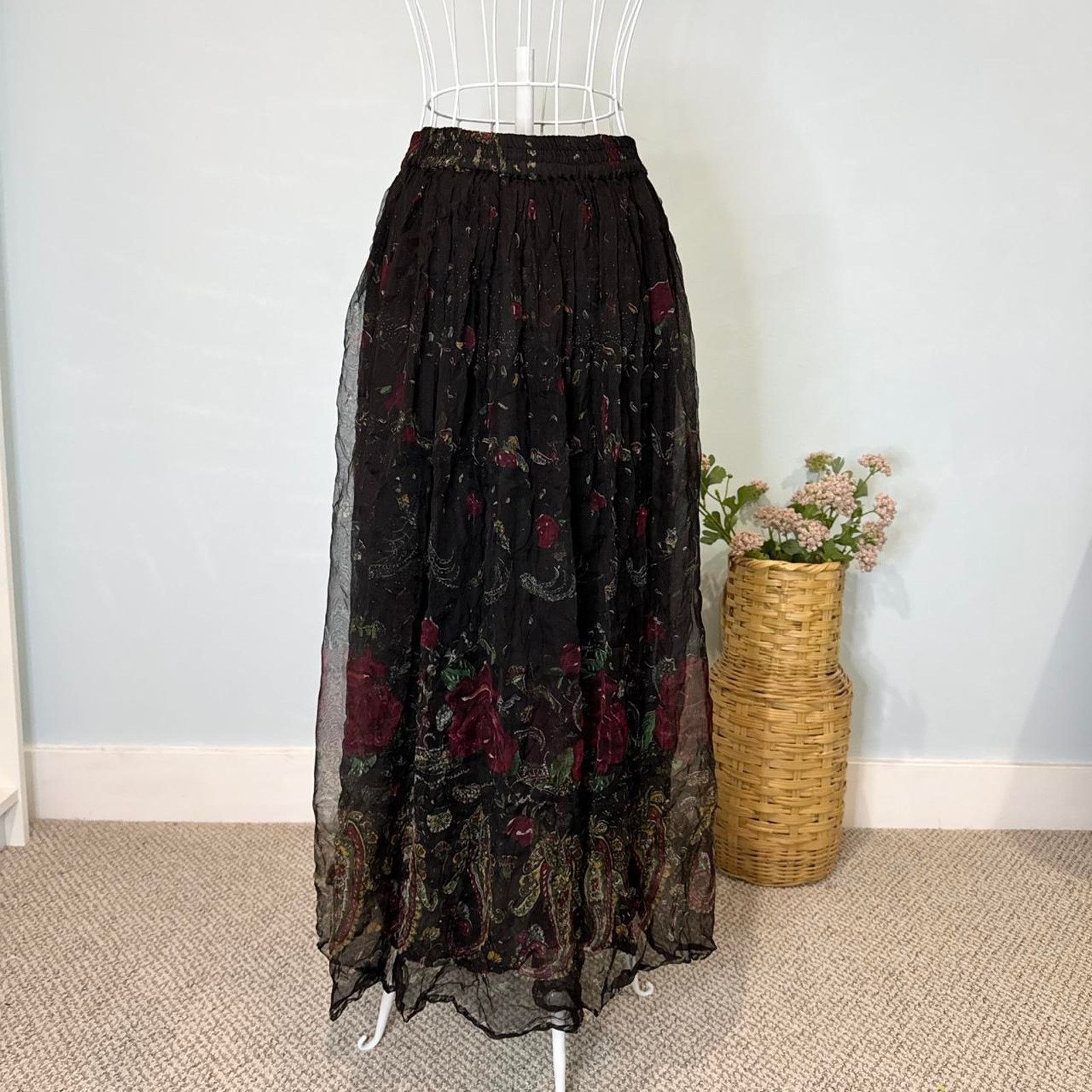 Vintage 70s black flowy peasant maxi floral print skirt - Main Image