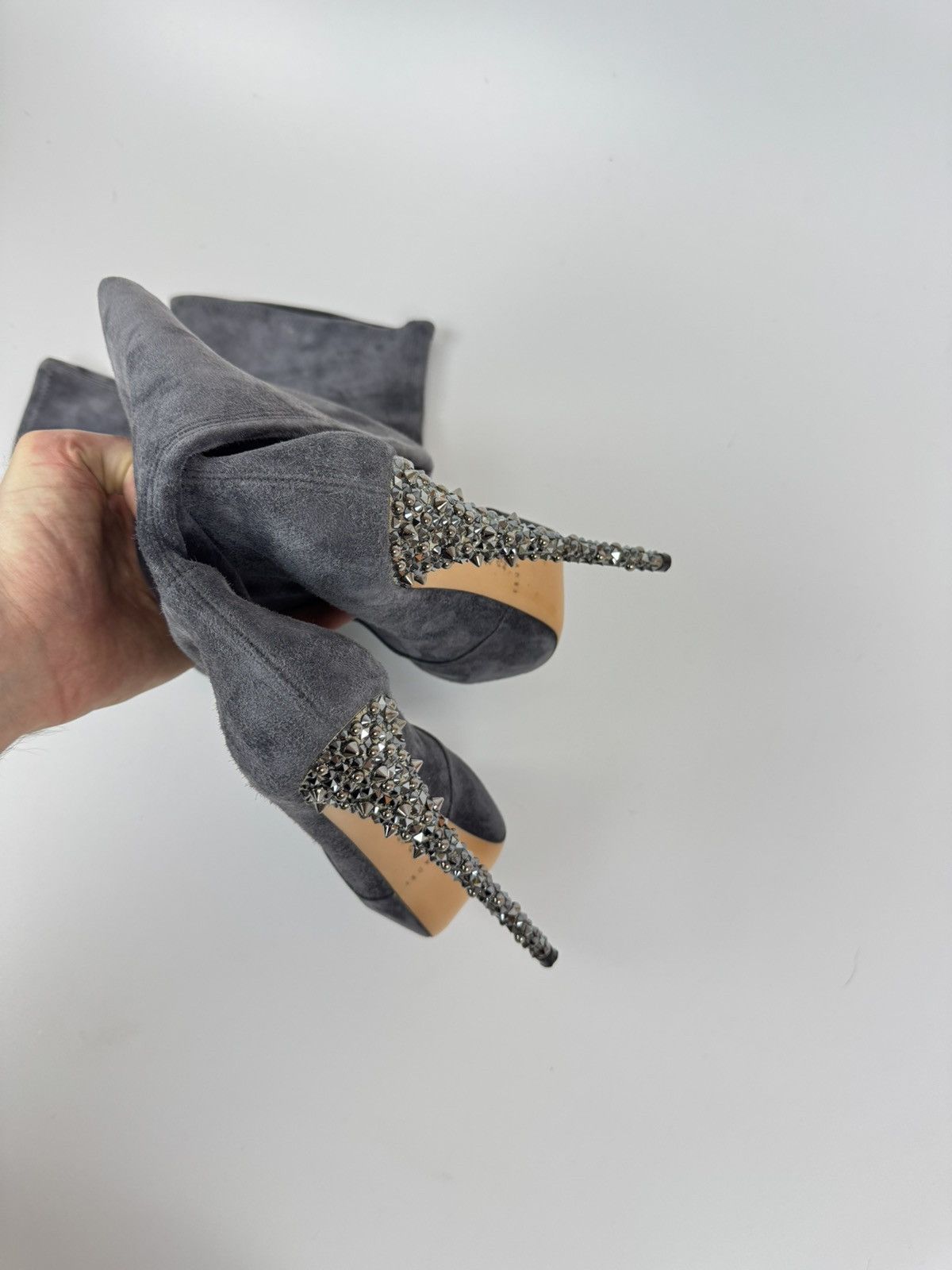 Casadei × Casedei CASADEI Suede Over The Knee Boots Stiletto Crystal Heels Size US 10 / IT 40 - 11 Thumbnail