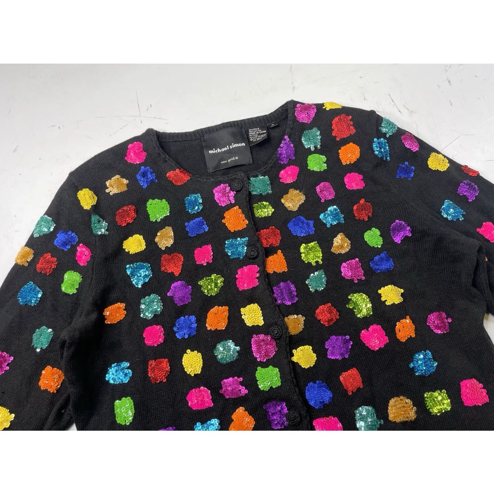 Simons VINTAGE Michael Simon Sequin Knit Sweater 3/4 Sleeve Black Medium Women Sweater Pullover Christmas USA Embellished Beaded Embroidered Sequin Size M / US 6-8 / IT 42-44 - 2 Thumbnail