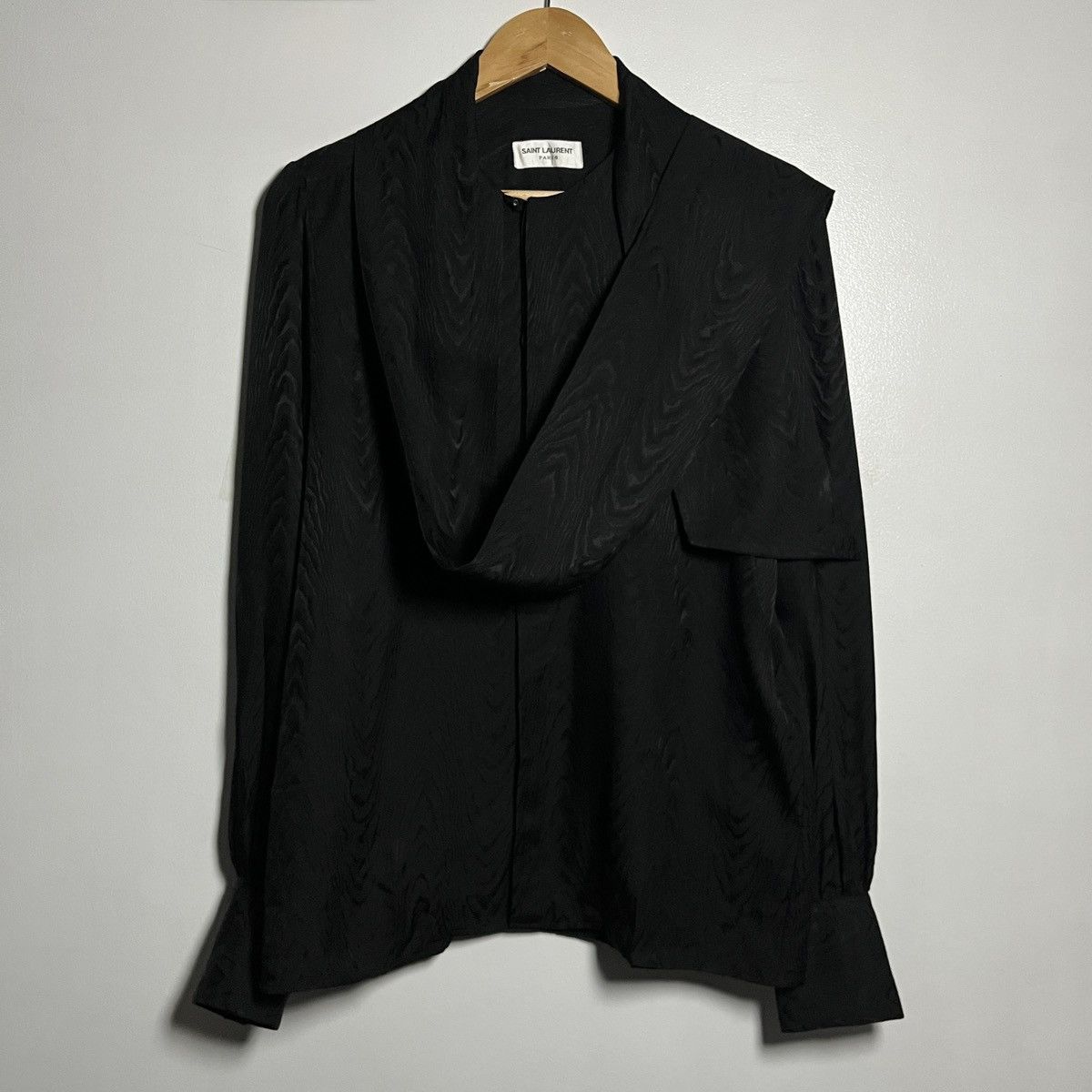 Saint Laurent AW23 Paris Silk Moiré Lavallière Black Shirt