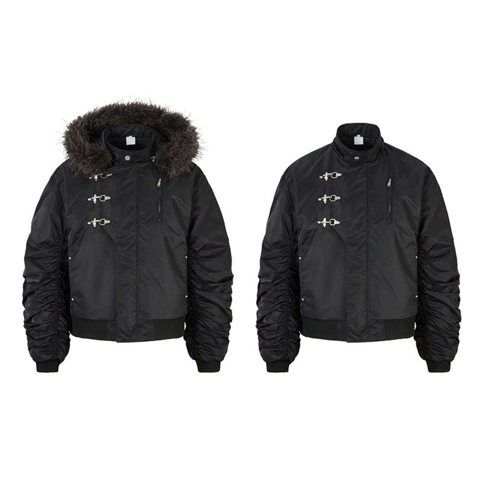 Japanese Brand Black Ruched Sleeve Bomber Jacket with Faux Fur Hood Size US M / EU 48-50 / 2 - 4 Thumbnail