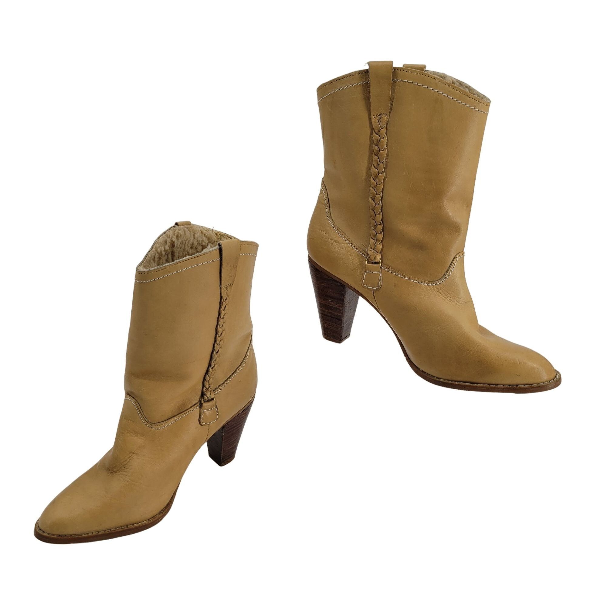 Vintage Vintage 70's Leather Western Boots 7.5 Tan Stacked Wood Heel Size US 7.5 / IT 37.5 - 1 Thumbnail
