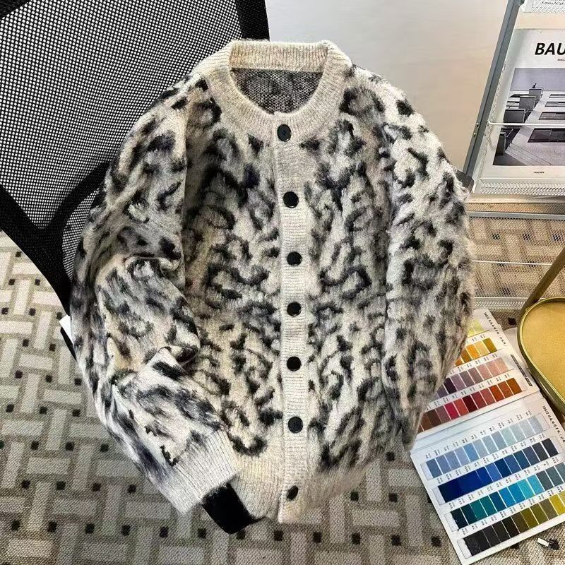 Vintage Leopard Print Knitted Cardigan - Loose Casual Streetwear Size US M / EU 48-50 / 2 - 2 Thumbnail