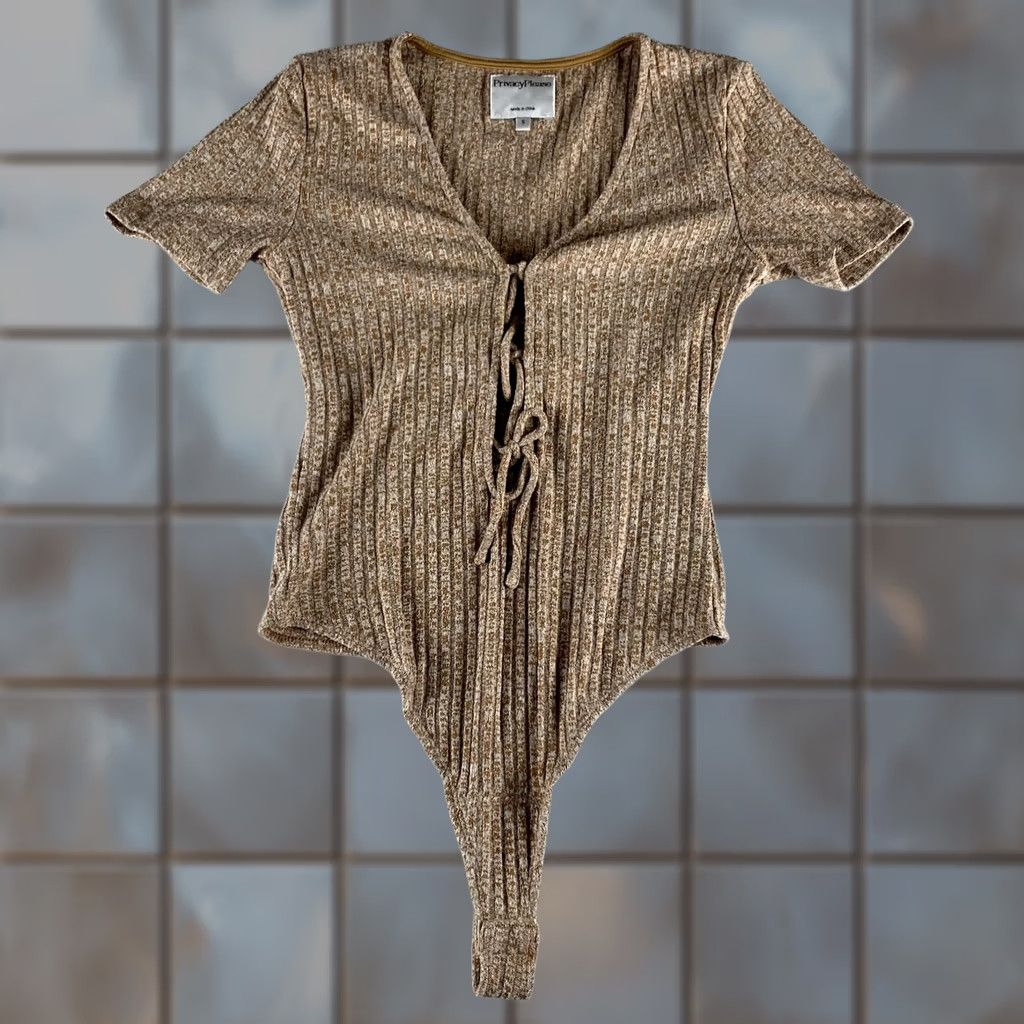 Vintage Privacy Please Bodysuit Womens Small Beige Striped Short Sleeve Size S / US 4 / IT 40 - 1 Thumbnail