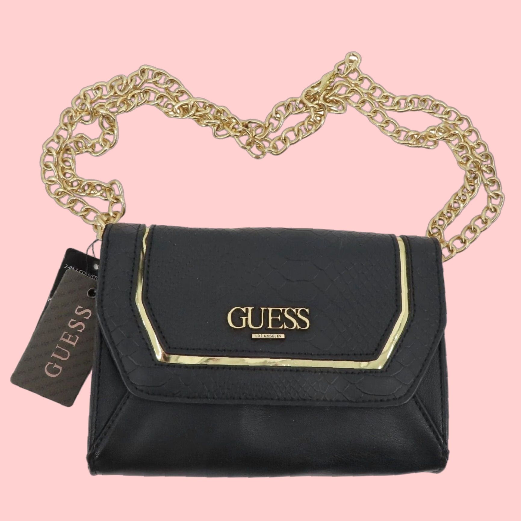 Guess Valora Black Faux Leather Convertible Crossbody Belt Bag Small Gold Chain Womens