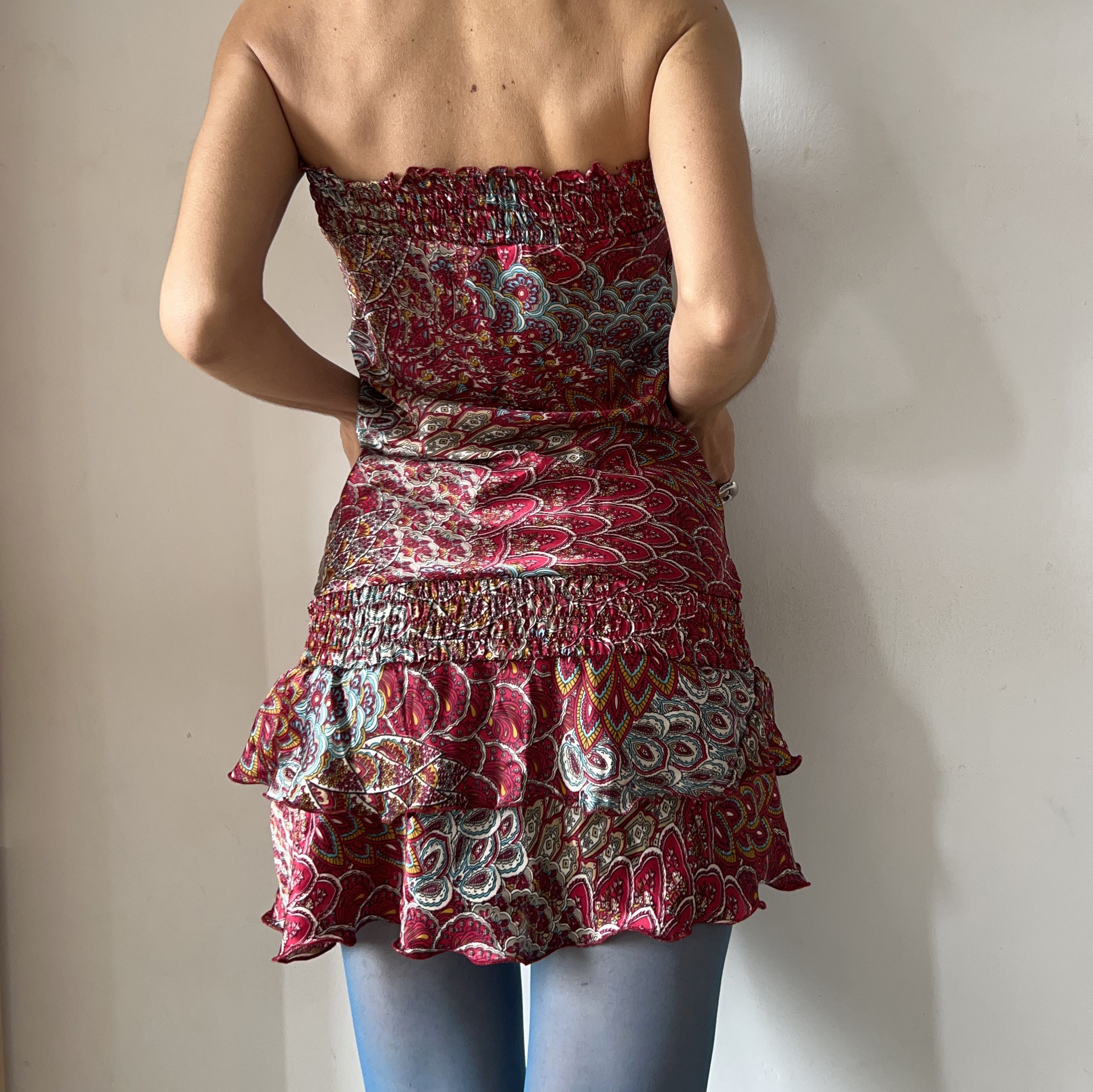 Vintage Vintage y2k satin strapless paisley ruffle ruched dress Size S / US 4 / IT 40 - 2 Thumbnail