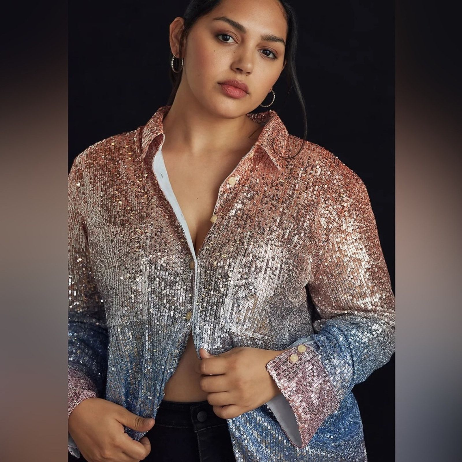 Anthropologie Anthropology Ombré Sequin Buttondown Shirt Blue/Peach size M Size M / US 6-8 / IT 42-44 - 2 Thumbnail