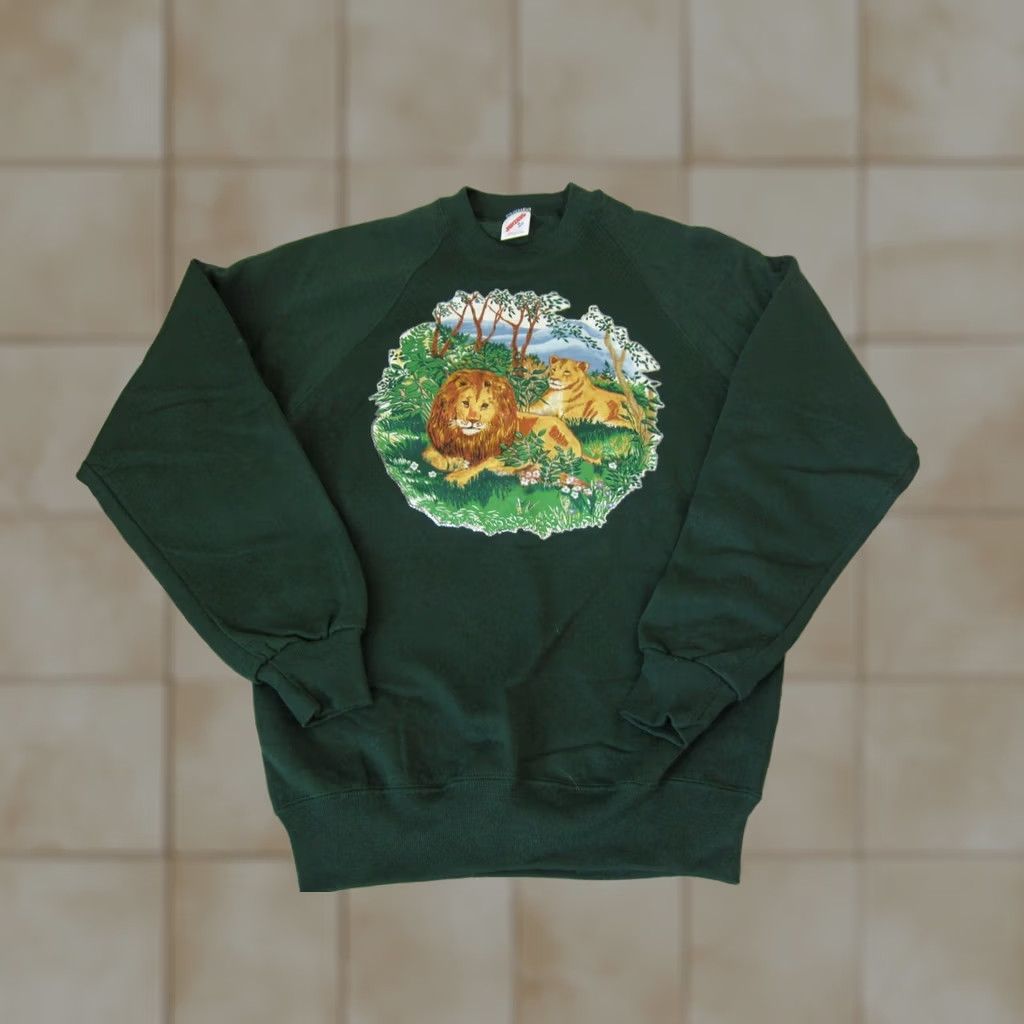 Jerzees VINTAGE Jerzees Sweatshirt Mens M Green Safari USA Lion Shirt Size US M / EU 48-50 / 2 - 1 Thumbnail