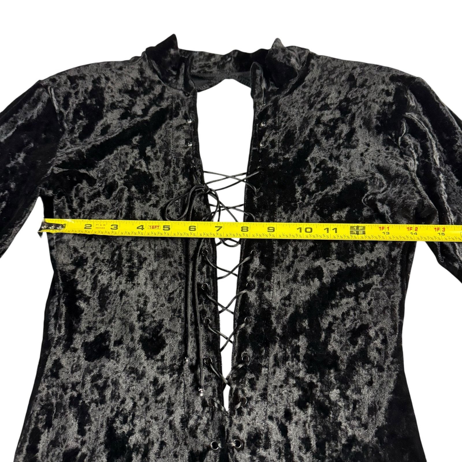 Vintage Vintage 90s Black Goth Velvet Open Back Lace-Up Midi Dress Size S / US 4 / IT 40 - 6 Thumbnail