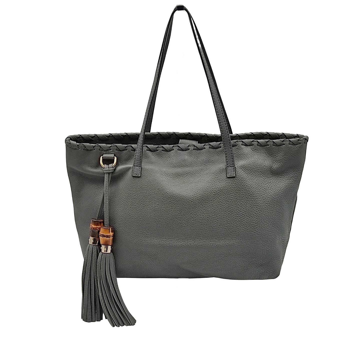 image of Gucci Gucci Gucci Shopper Tote Bamboo Bag In Gray Leather in Grey, Women's