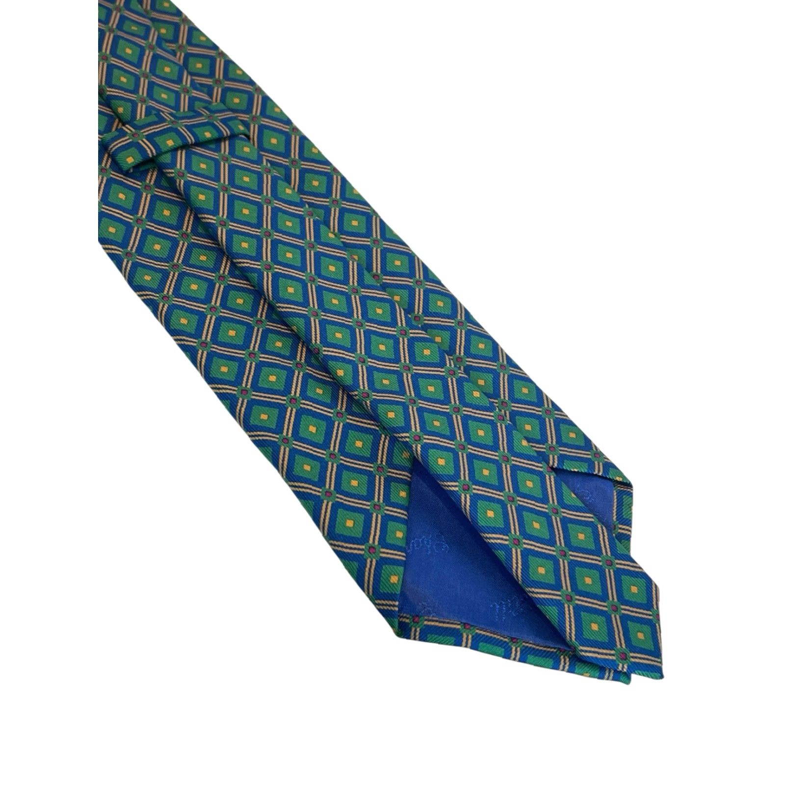 Vintage CHARLES HILL Made In England Emerald Green Blue Diamond Motif Tie DESIGNER Size ONE SIZE - 5 Thumbnail