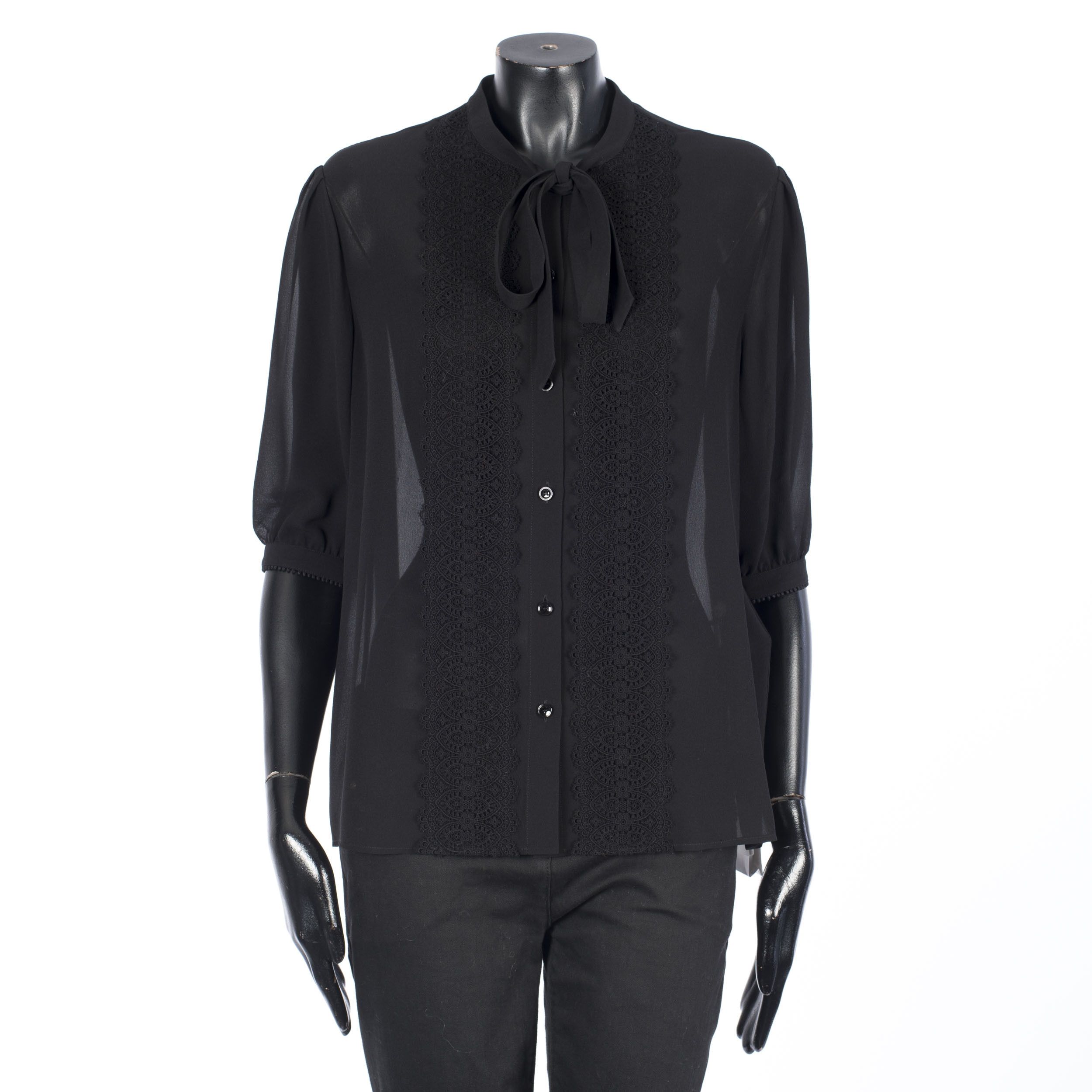 Celine Black Frilled Blouse In Silk Crêpe Size L / US 10 / IT 46 - 1 Thumbnail