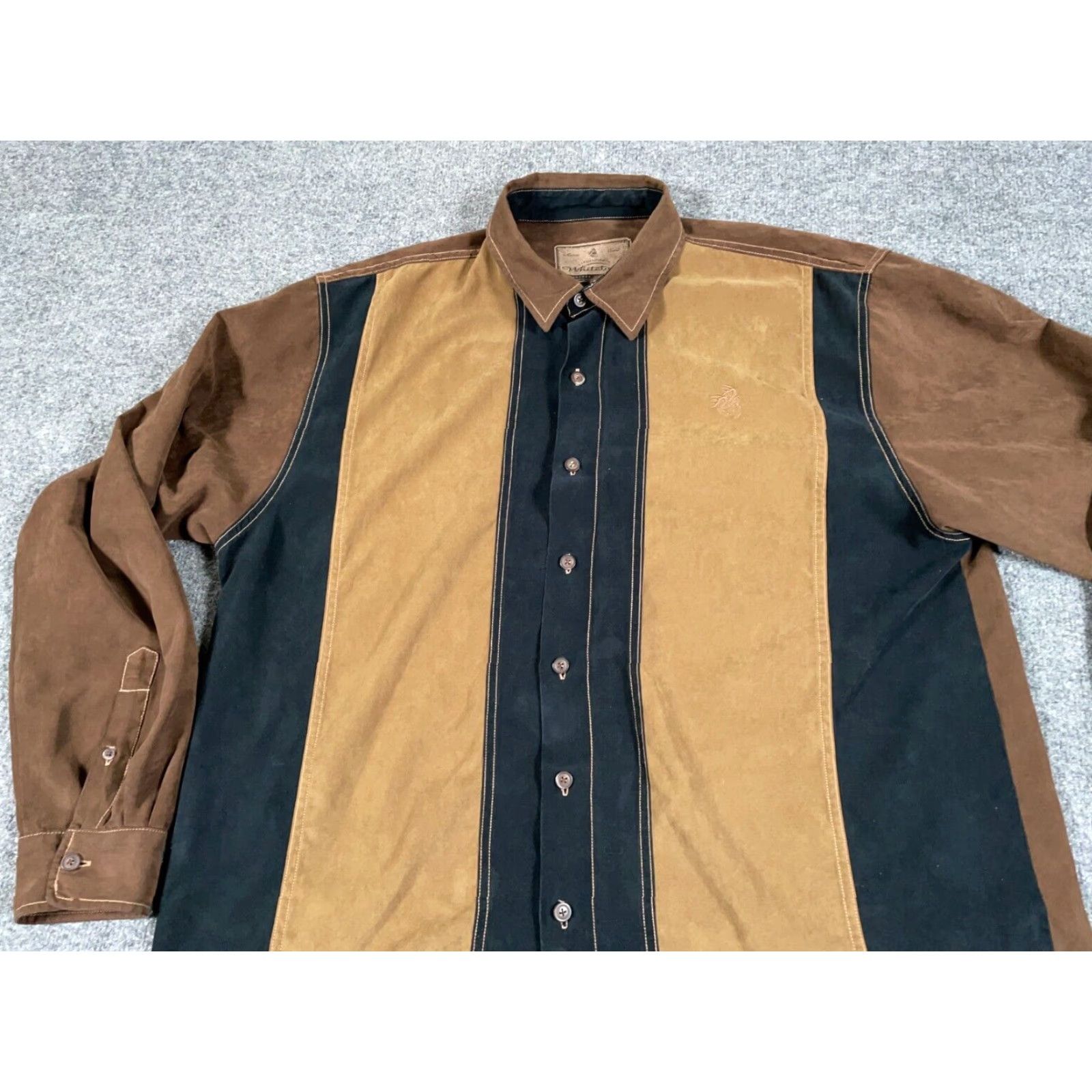 Vintage Retro Suede Faux Rockabilly Style Shirt Adult XL Brown Black Striped Western Size US L / EU 52-54 / 3 - 7 Thumbnail