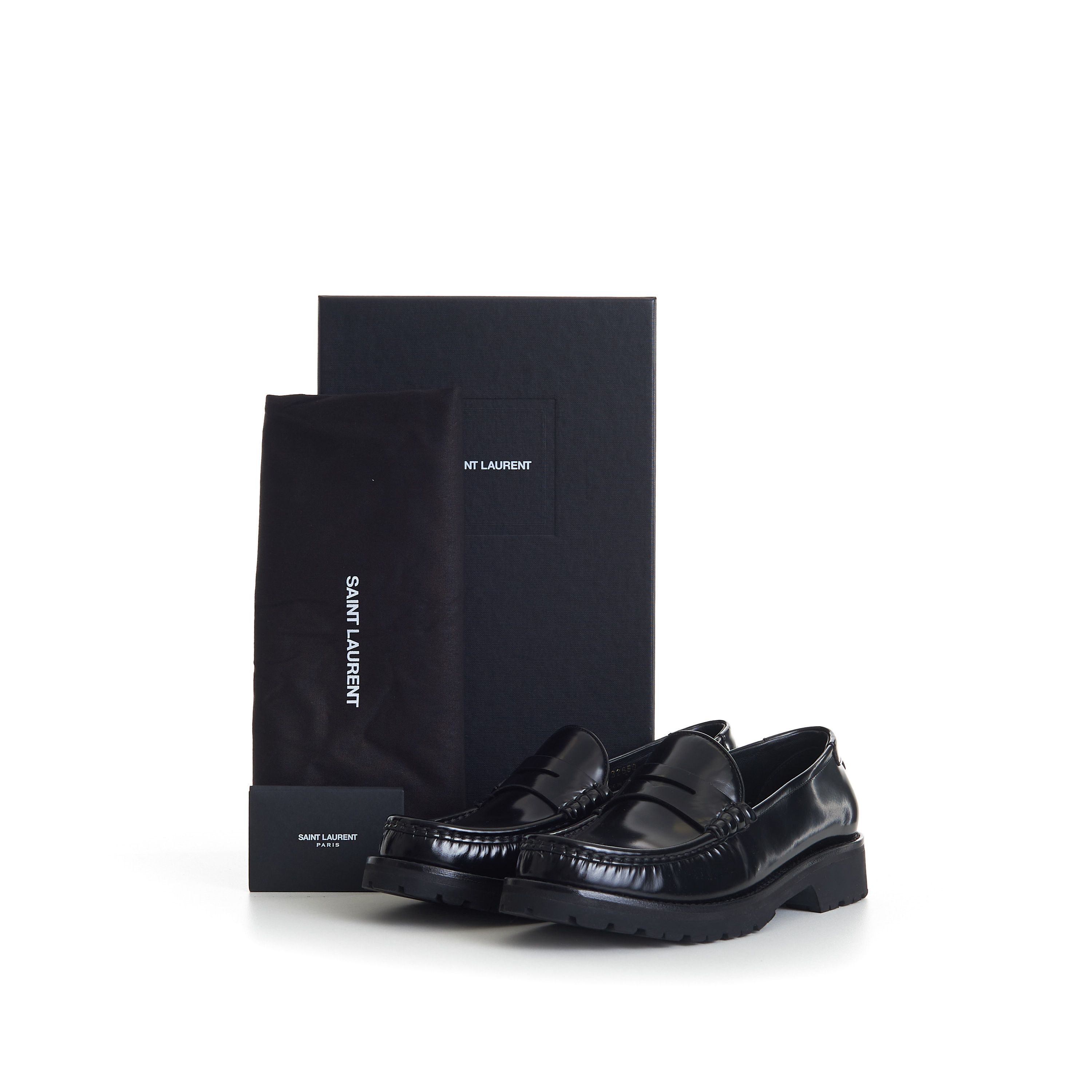 Saint Laurent Paris Black Penny Loafers - Chunky Sole, Glazed Leather, YSL Size US 11 / EU 44 - 13 Thumbnail