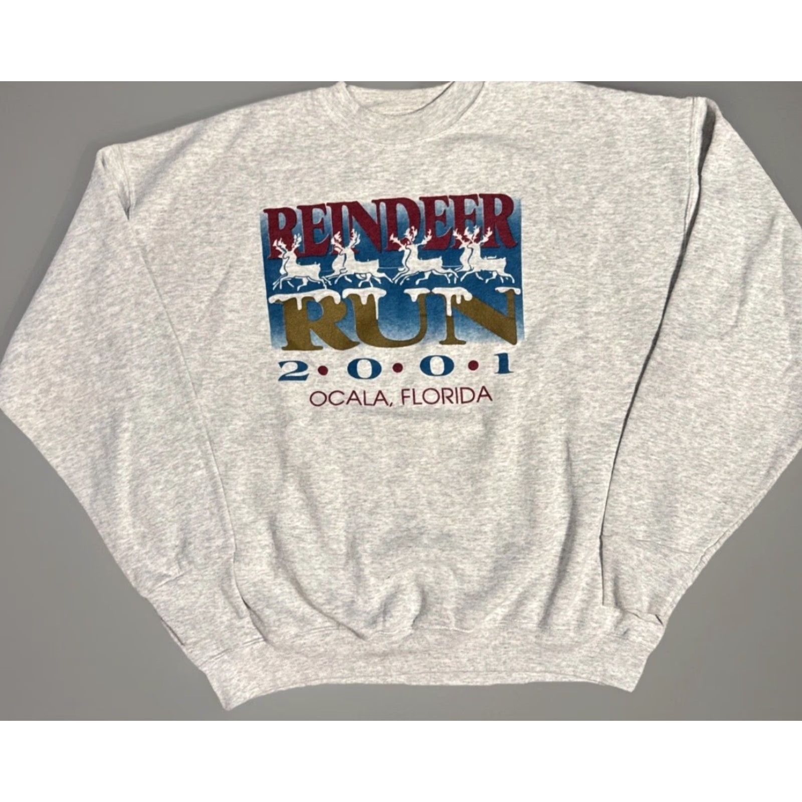 Fruit Of The Loom VINTAGE Reindeer Run Ocala Florida Christmas 5k Crewneck Sweatshirt XL Gray Mens/Womens (Unisex Adults) Pullover Fruit of the Loom Size US XL / EU 56 / 4 - 2 Thumbnail
