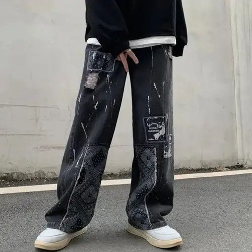 Jean Bandana Patchwork Straight Leg Baggy Jeans Size US 30 / EU 46 - 3 Thumbnail