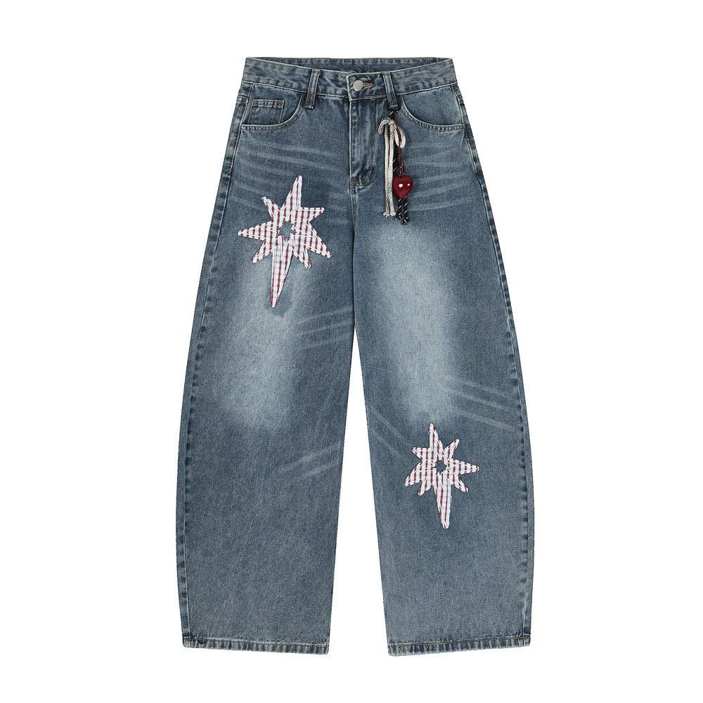 Japanese Brand × Jean Men's washed loose star patch decorated scimitar jeans Size US 32 / EU 48 - 1 Thumbnail