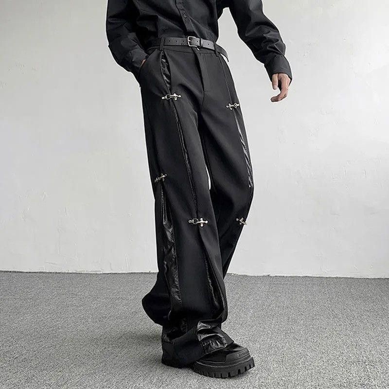 Avant garde retro buckle pu leather mix pleated pants