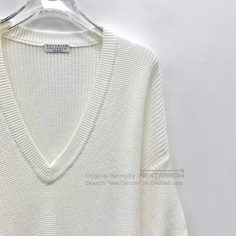Brunello Cucinelli Brunello Cucinelli White cotton V-neck long-sleeve knit sw Size S / US 4 / IT 40 - 3 Thumbnail