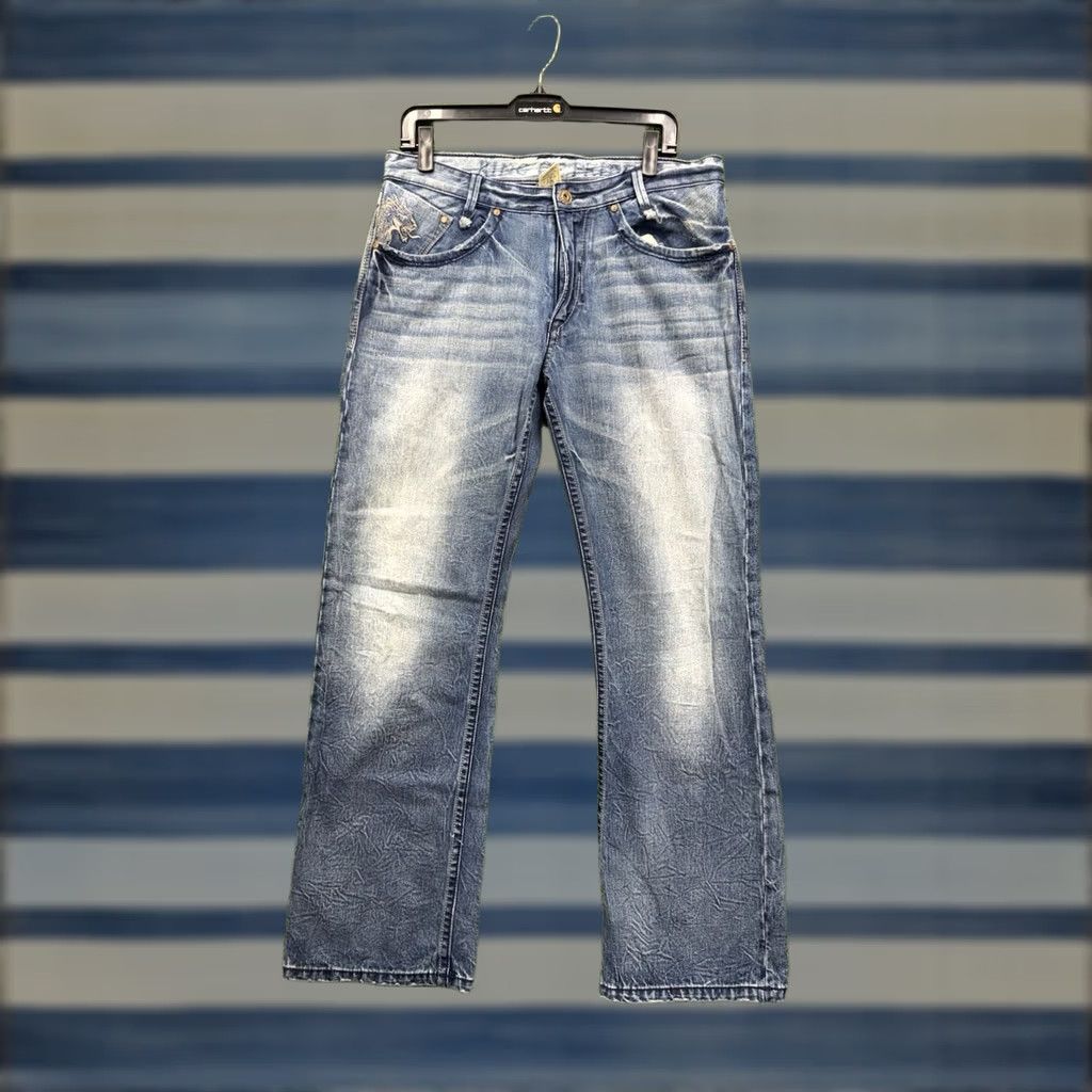 Denime KING OF PRIDES Jeans Mens 32x32 Blue Bootcut Denim 90s Lion Dragon Logo Distressed Pockets Regular Rise Mid 32 in Inseam Bottoms Men Size US 32 / EU 48 - 1 Thumbnail