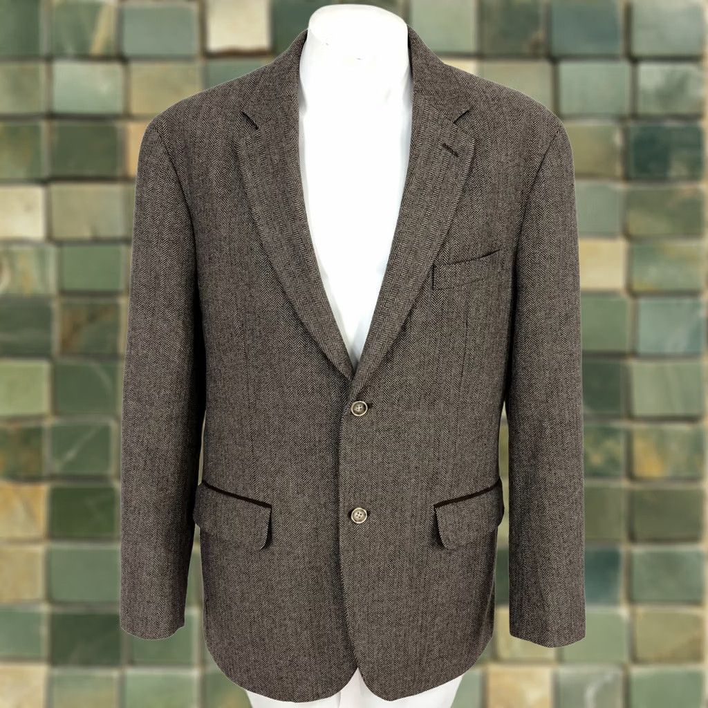 Tasso Elba Tasso Elba Sport Coat Jacket Brown Herringbone Wool-Blend Notch Lapel 2-Button 4-Button Sleeve Double-Vented Regular L Mens Size US L / EU 52-54 / 3 - 1 Thumbnail