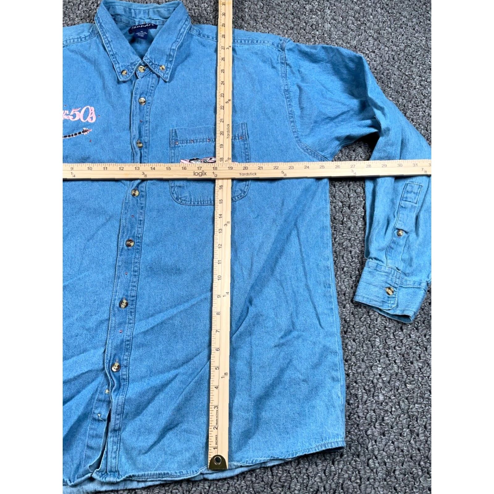 Denime VINTAGE Lost in 50s Embroidered Denim Shirt Adult XL Blue Button-Up Casual Mens Size US XL / EU 56 / 4 - 4 Thumbnail