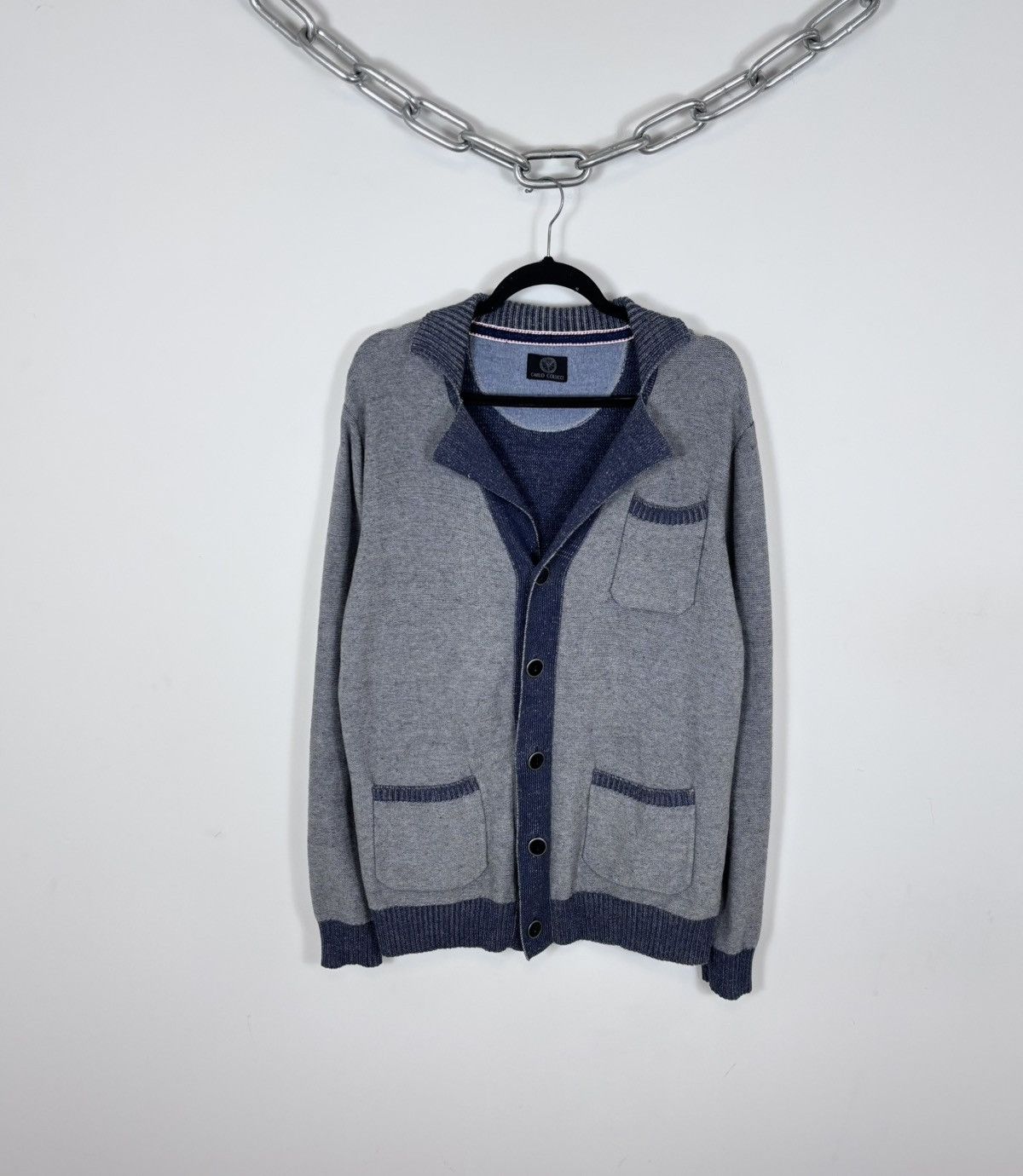 Carlo Colucci Carlo Colucci Men’s Grey/Navy Pocket Cotton Cardigan Sweater Size US L / EU 52-54 / 3 - 1 Thumbnail