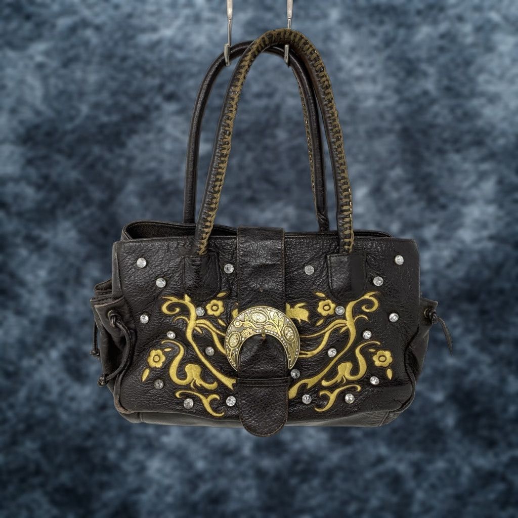 Vintage VINTAGE CHI by Falchi Leather Embroidered Satchel Bag Gold Scroll Crystal Studded Y2K Size ONE SIZE - 1 Thumbnail