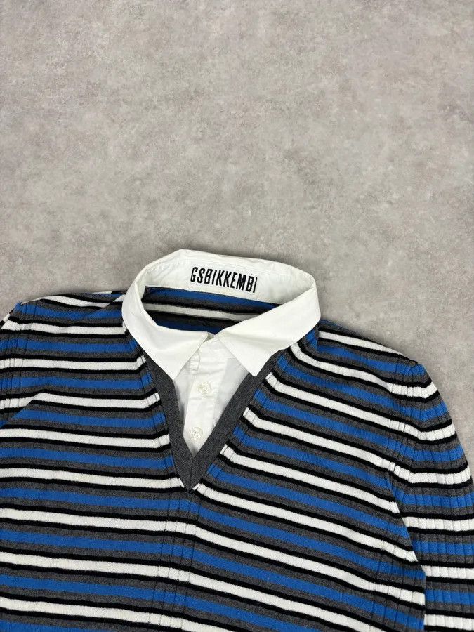 Dirk Bikkembergs 2000s Bikkembergs Blue Striped V-Neck Sweater Wool Collar Size US M / EU 48-50 / 2 - 4 Thumbnail