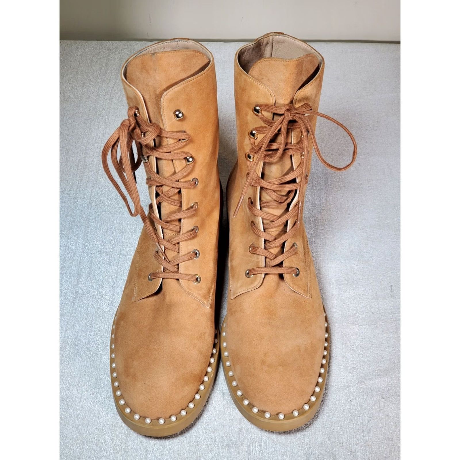 Stuart Weitzman Stuart Weitzman Sondra Pearl Embellished Suede Combat Boots Women's US 11.5 B Tan Leather Lined Lace Up Round Toe, Platform/City, EUC Size US 12 / IT 42 - 6 Thumbnail