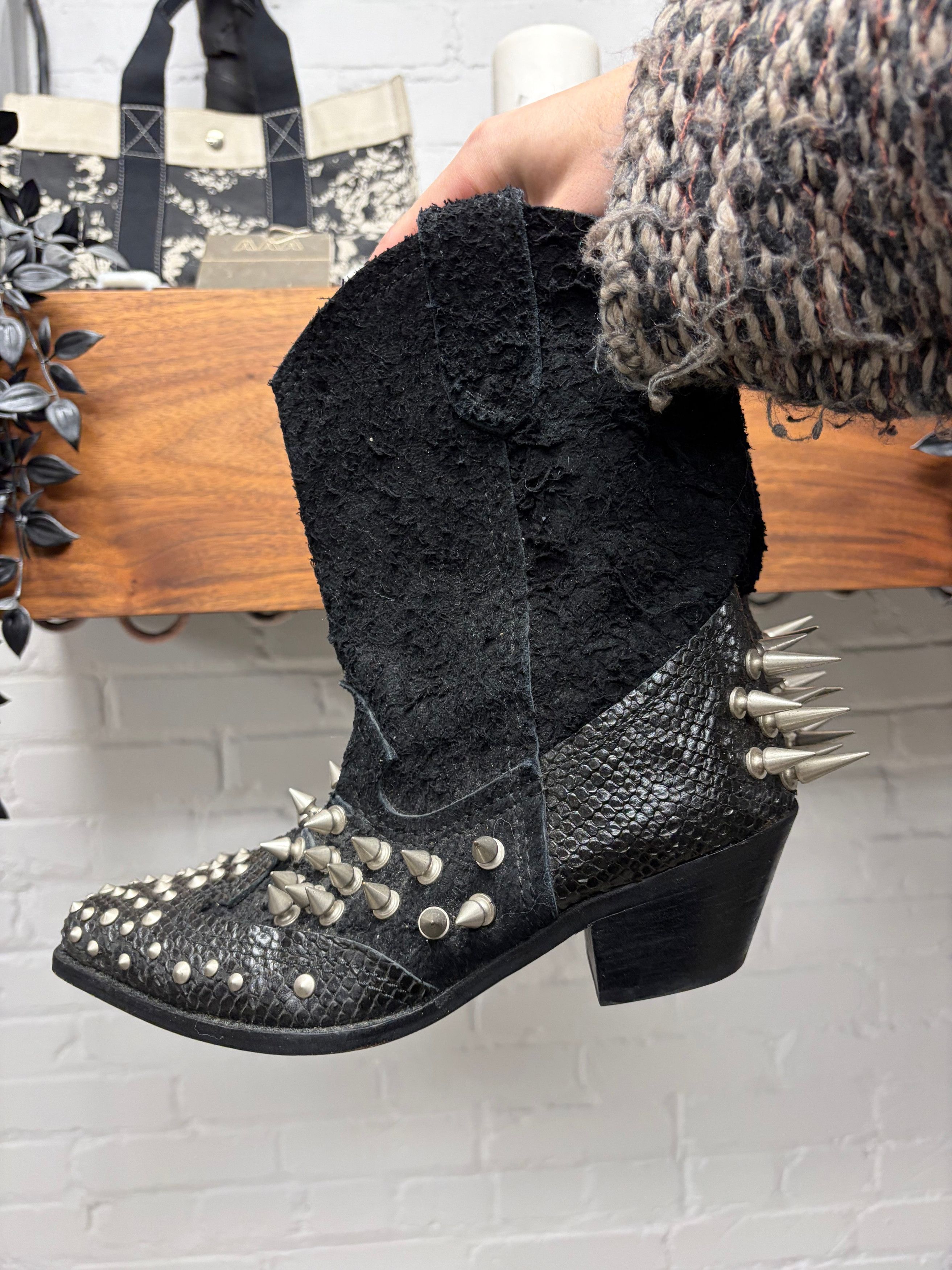 Junya Watanabe SS2014 Junya Watanabe Spiked Black Suede/Python Cowboy Boots Size US 6 / IT 36 - 1 Thumbnail