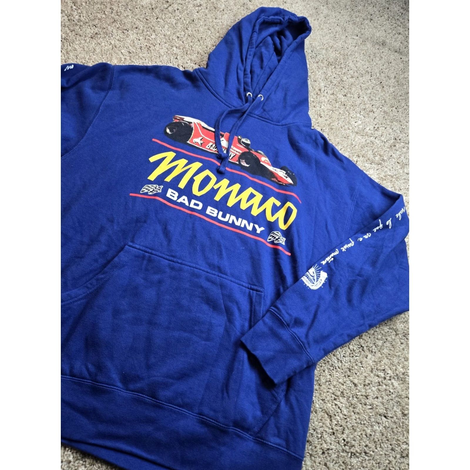 Vintage Bad Bunny Most Wanted Tour Hoodie Mens XL Blue Monaco Grand Prix Long Sleeve Crew Neck Hooded Graphic Print Pullover Size US XL / EU 56 / 4 - 2 Thumbnail