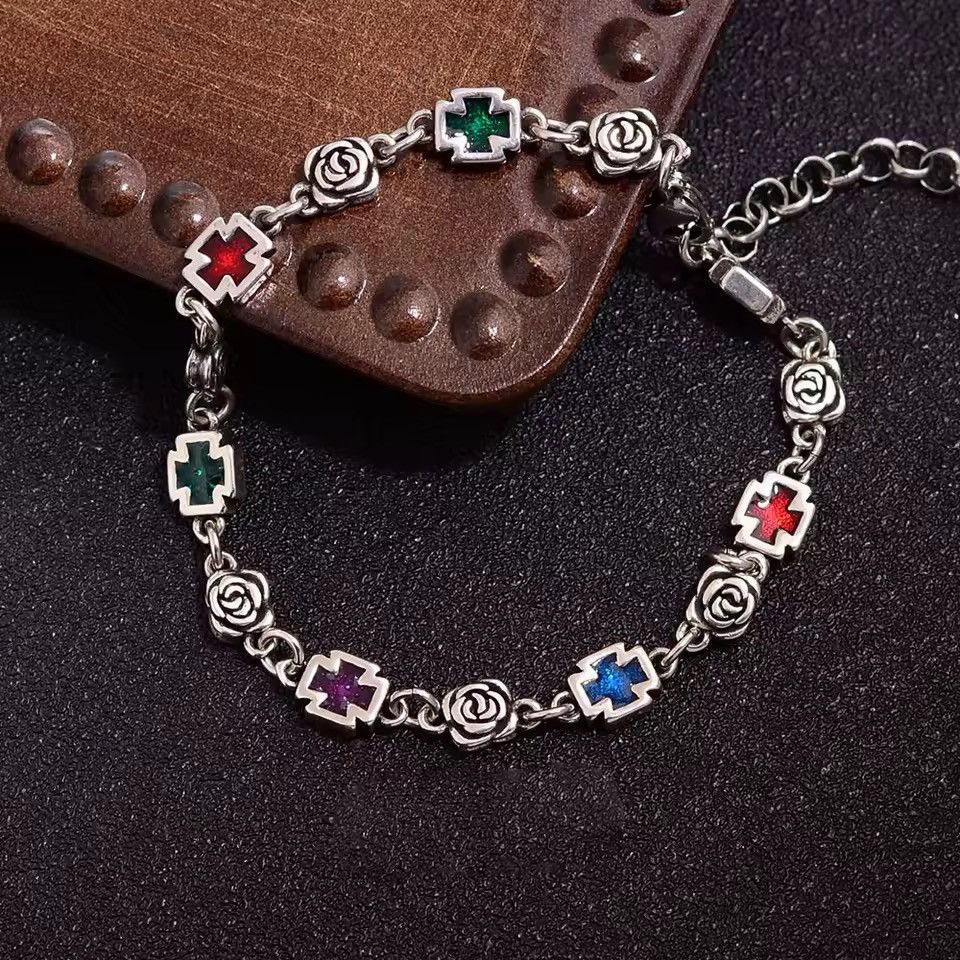 Jewelry Sweet Rose Flower Cross Shiny Colorful Crystal Bracelet Size ONE SIZE - 1 Thumbnail