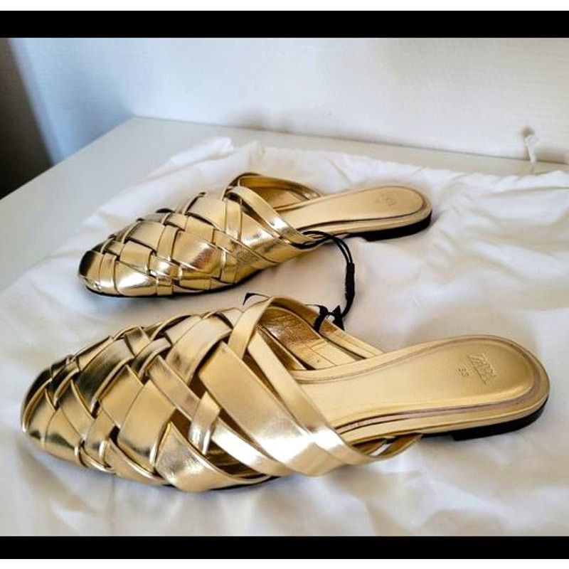 Zara ZARA Gold Woven Metallic Flat Mules NWT Size US 7.5 / IT 37.5 - 11 Thumbnail