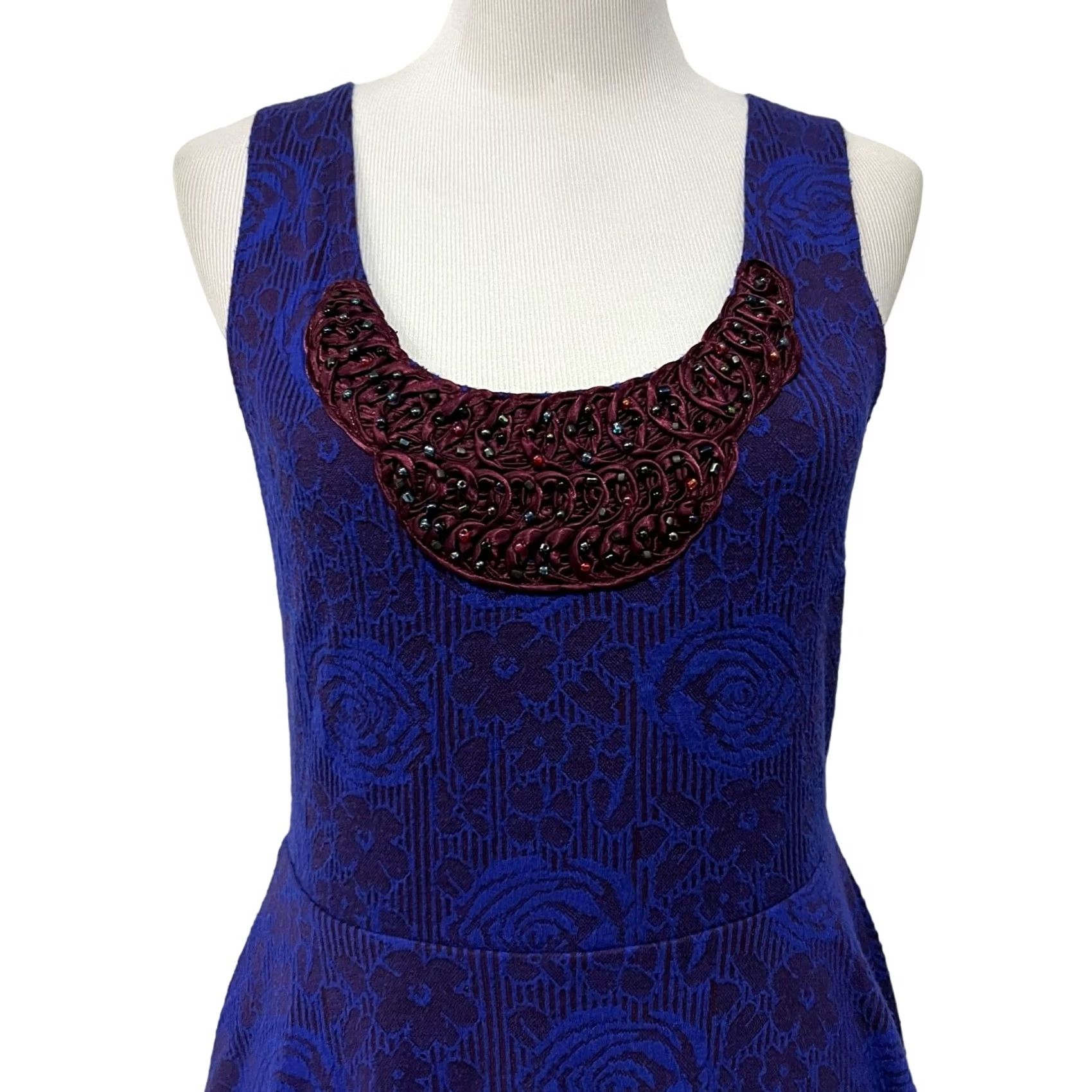 Free People Free People Skater Dress Blue Floral Sleeveless Beaded Neck Sz M Womens Dress Short Princess 90s Rock? Size M / US 6-8 / IT 42-44 - 6 Thumbnail