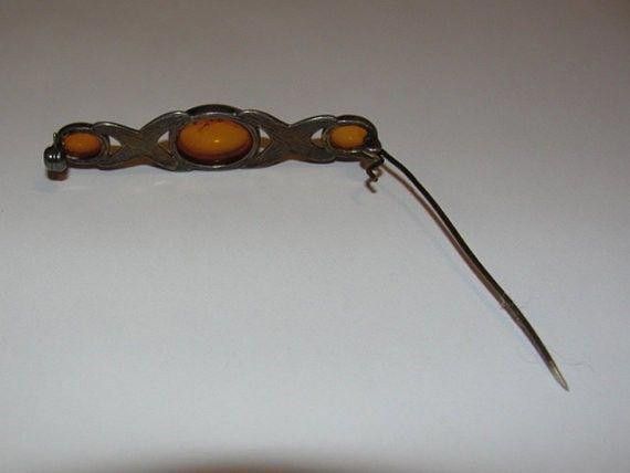Designer Sterling Silver Baltic Amber Cabochon Bar Pin Love XOXO Size ONE SIZE - 3 Thumbnail