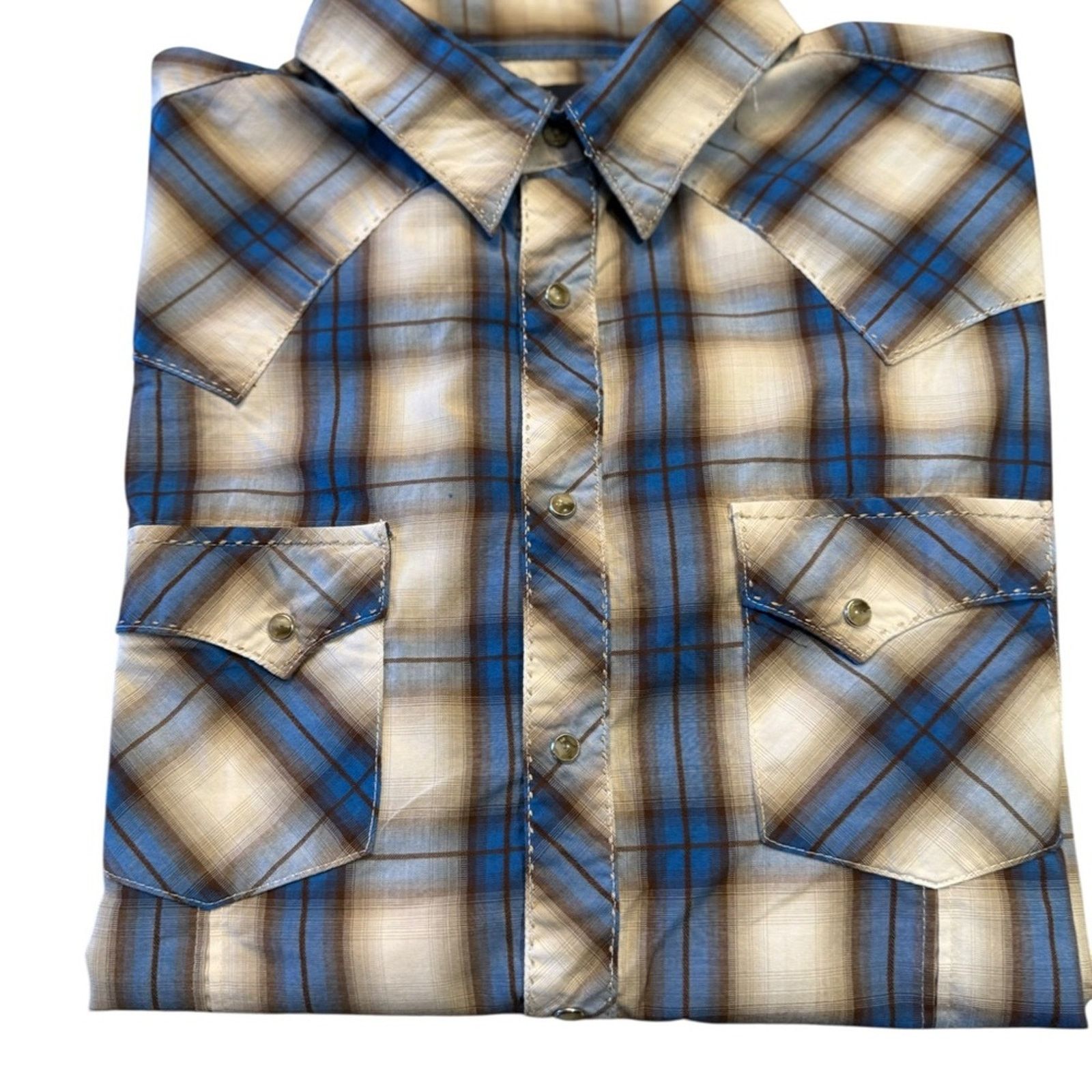Wrangler Wrangler Blue & Brown Plaid Pearl Snap Short Sleeve Shirt XL Size US XL / EU 56 / 4 - 3 Thumbnail