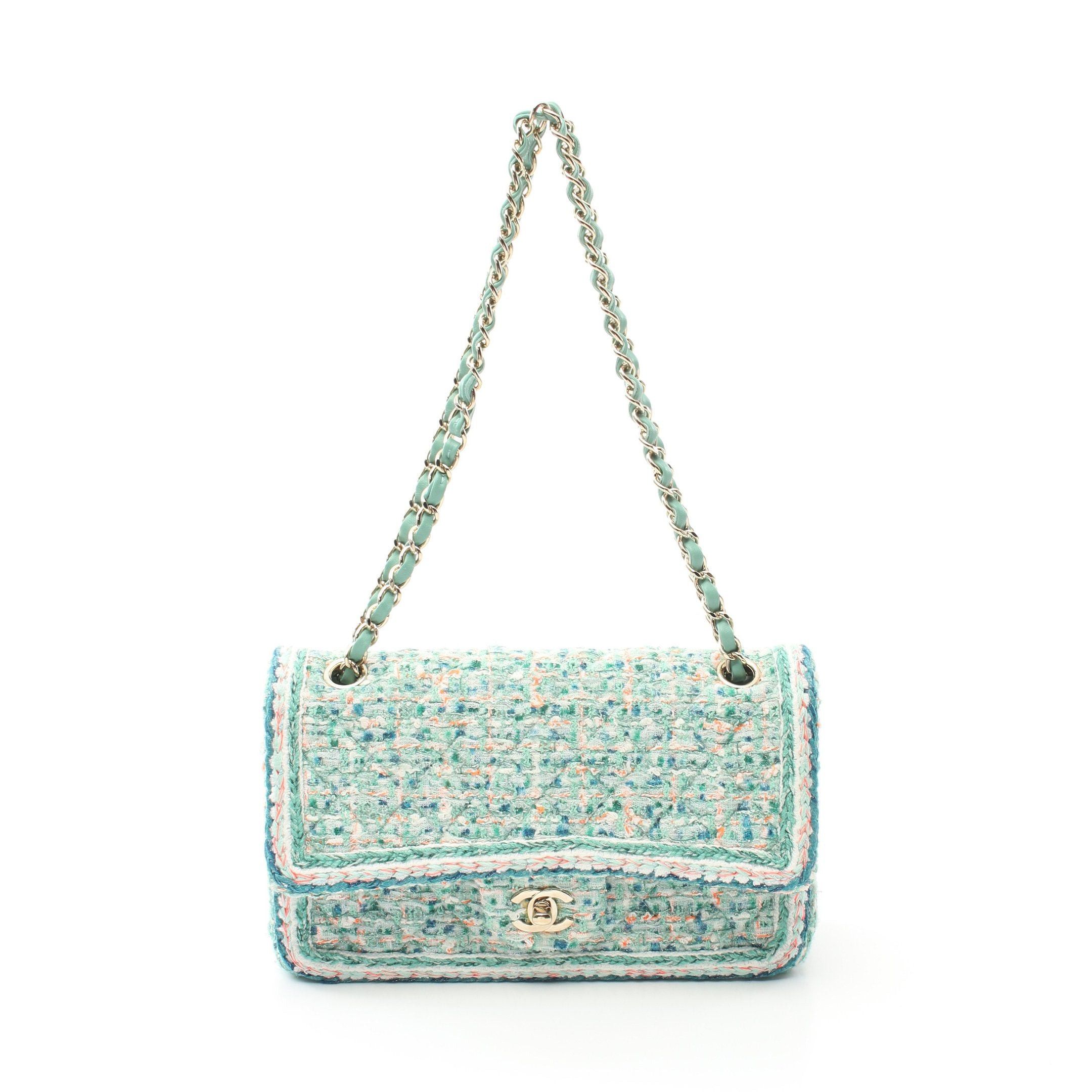 Chanel Chanel Matelasse Double Flap Chain Shoulder Bag Tweed Leather Light Green Multicolor Gold Hardware Size ONE SIZE - 1 Thumbnail