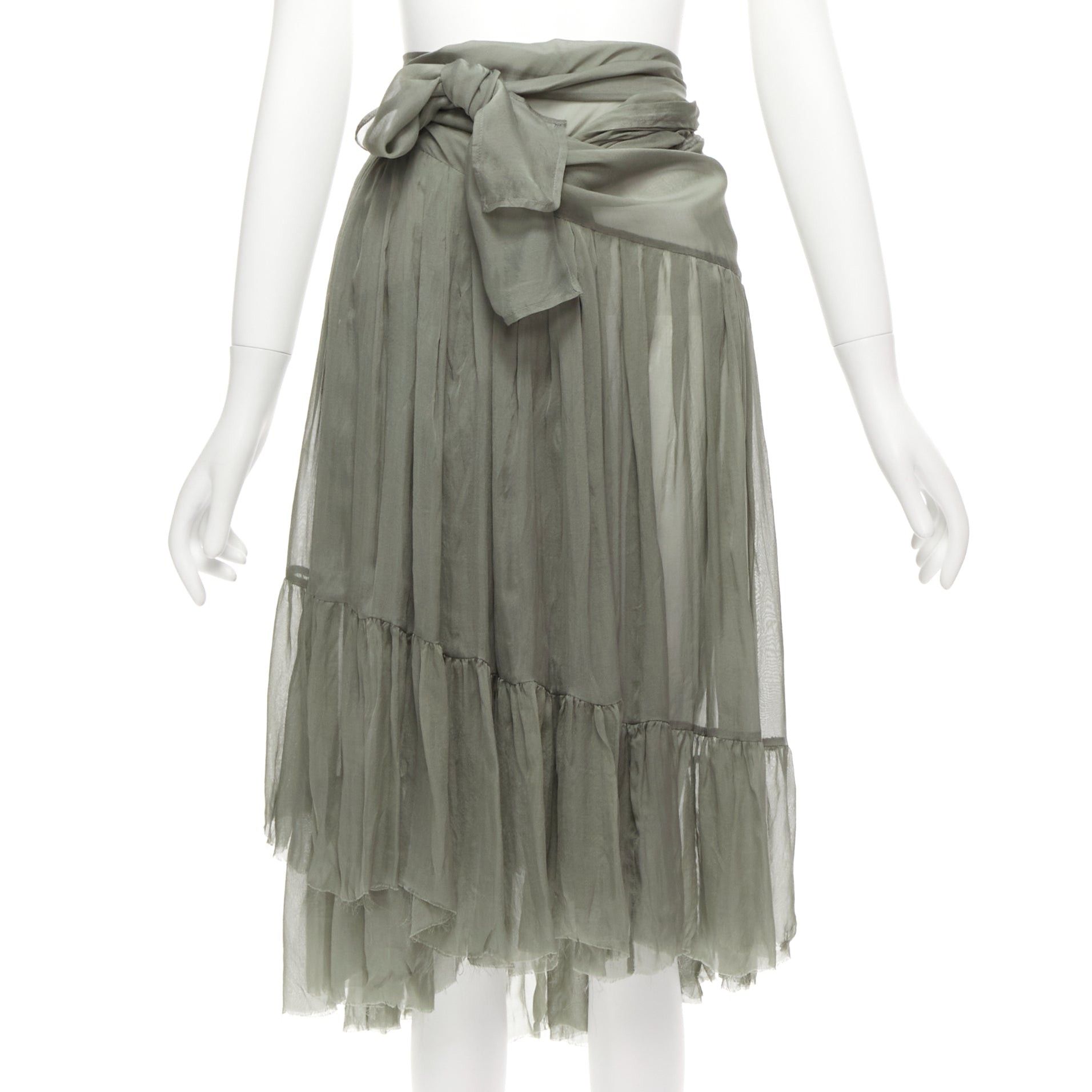 image of Dries Van Noten 100% Silk Military Green Sheer Wrap Tie Skirt Fr38 M, Women's (Size 28)