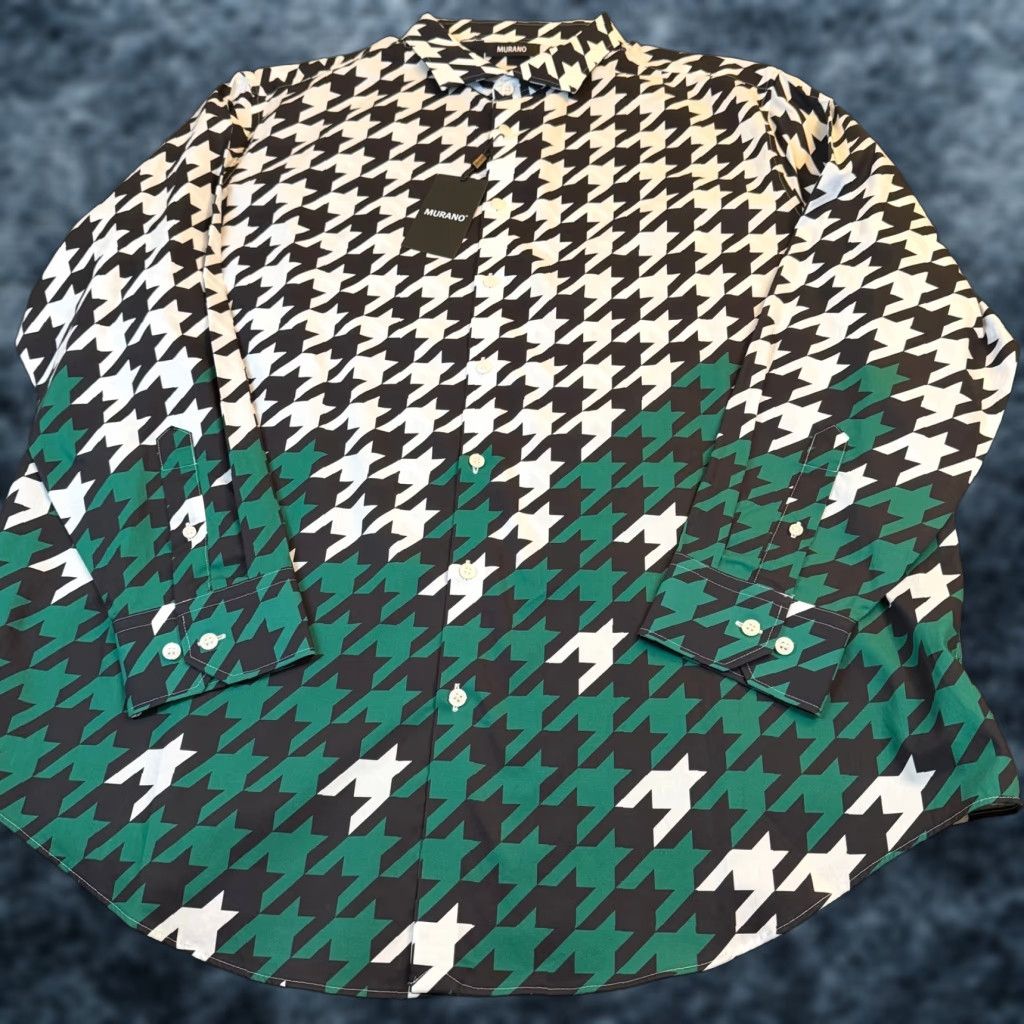 Murano Murano Button-Front Shirt Geometric Houndstooth 100% Cotton Multicolor Black White Green Big & Tall 2XB Mens NWT Size US XXL / EU 58 / 5 - 1 Thumbnail