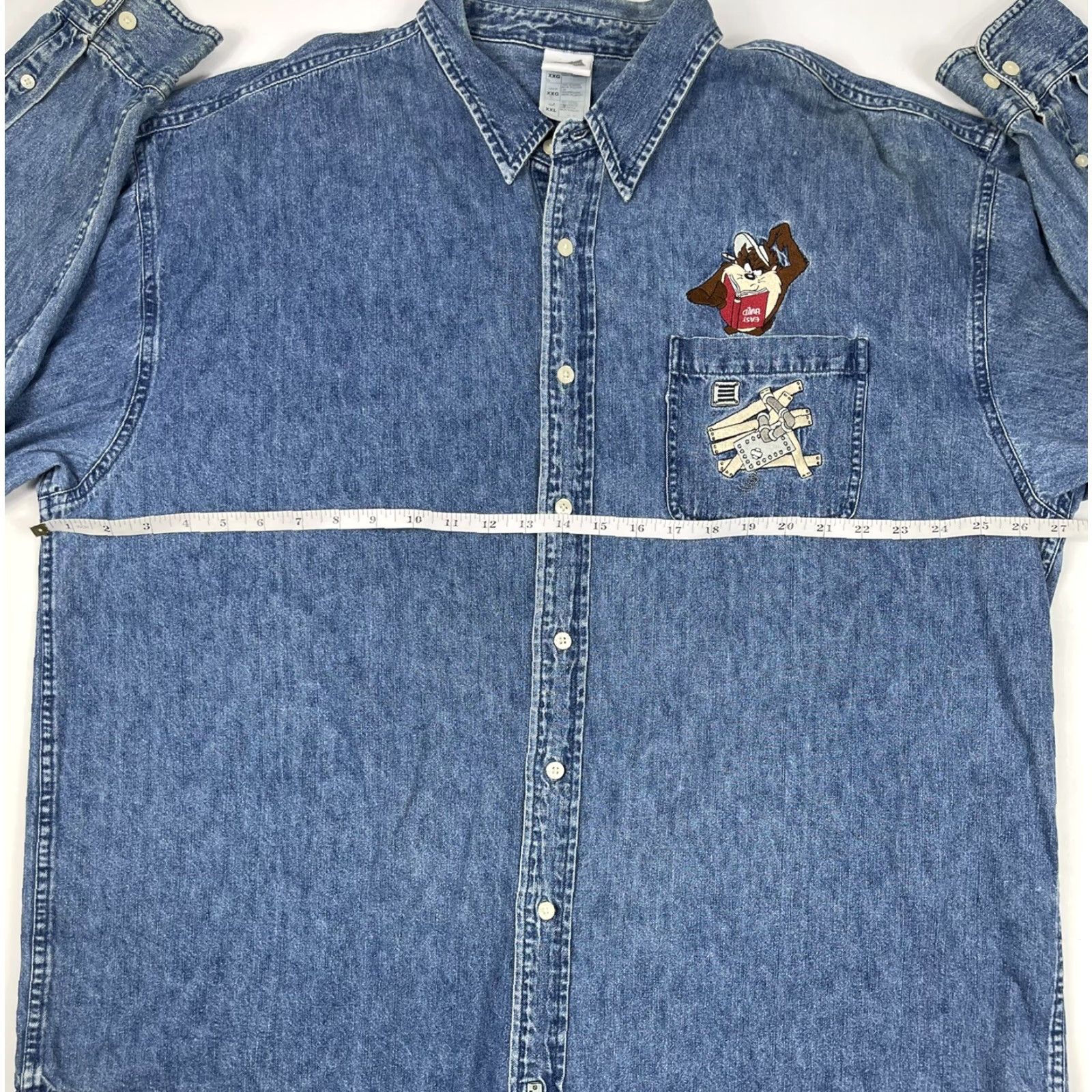 Vintage VINTAGE Warner Bros Taz Embroidered Denim Shirt Mens 2XL Blue 1999 90s Cowboy Rockabilly Workwear Button-Up Size US XXL / EU 58 / 5 - 6 Thumbnail