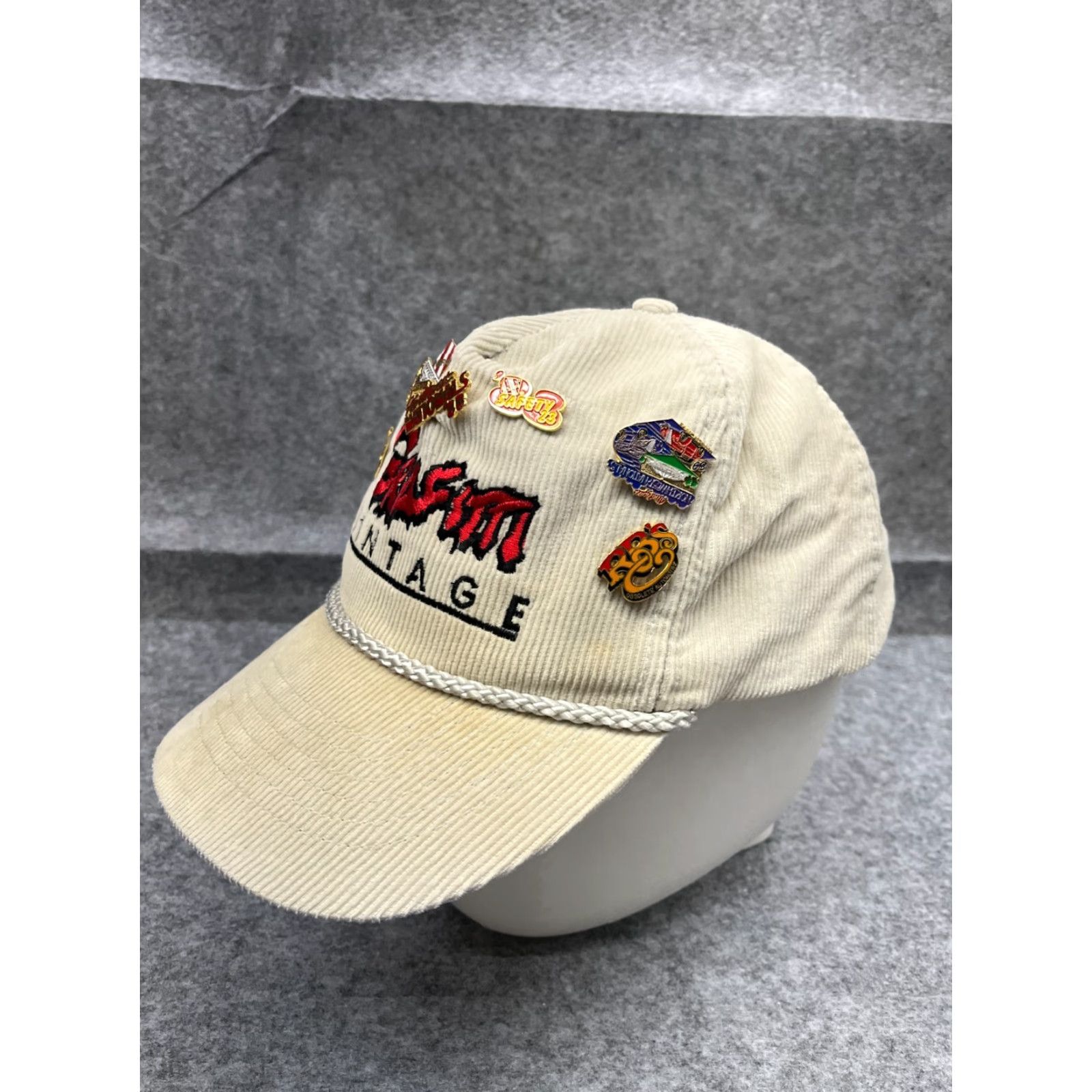 Vintage Grafitti Vintage Hat Cap Strap Back Adult OS Ivory Cotton Corduroy Rope w/Pins Size ONE SIZE - 4 Thumbnail