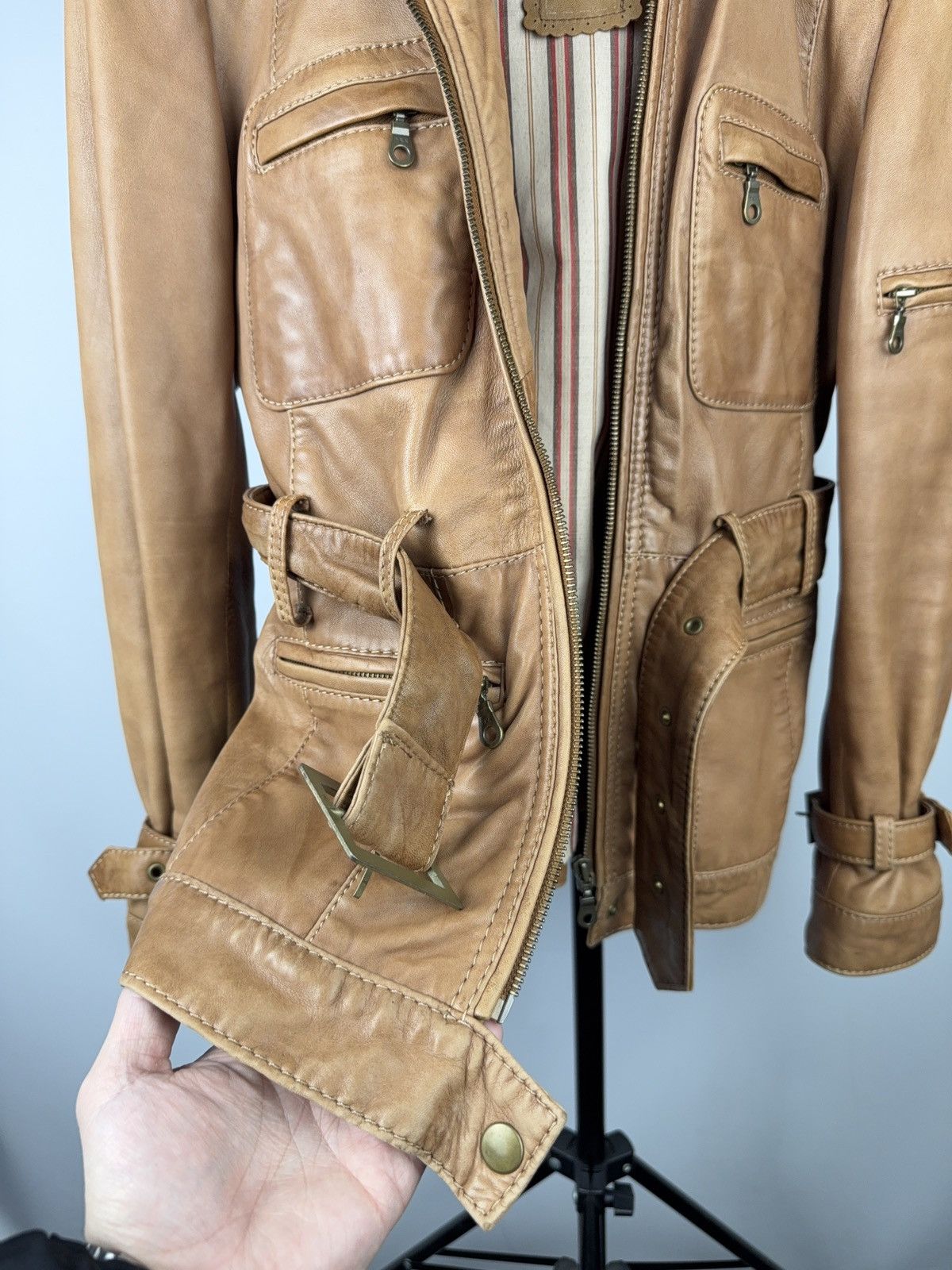 Japanese Brand 00s Leather Safari Biker Moto Jacket Tan Brown Vintage Size M / US 6-8 / IT 42-44 - 11 Thumbnail