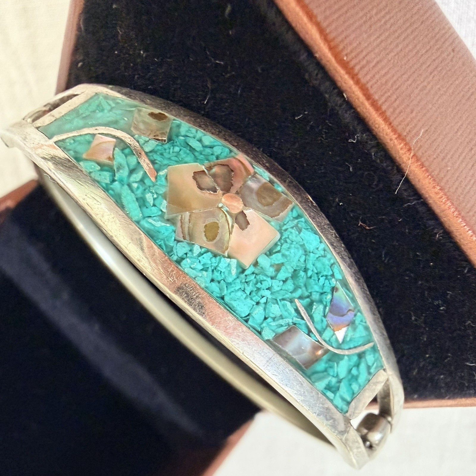 Other Taxco Mexico Sterling Silver Hinged Bangle Abalone Turquoise Size ONE SIZE - 2 Thumbnail