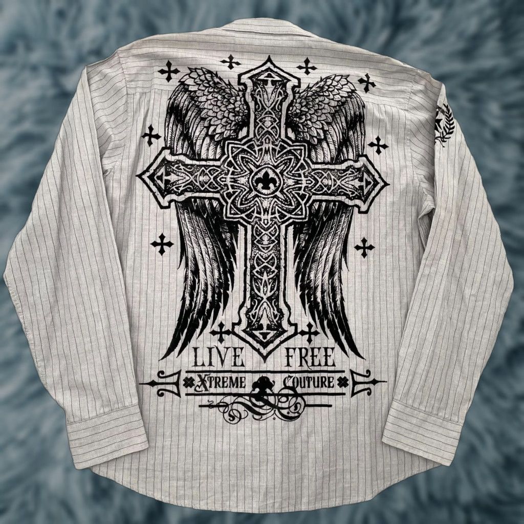 Vintage VINTAGE Xtreme Couture Shirt Adult XL Gray Striped Button-Up Angel Wings MMA Mens Size US XL / EU 56 / 4 - 1 Thumbnail