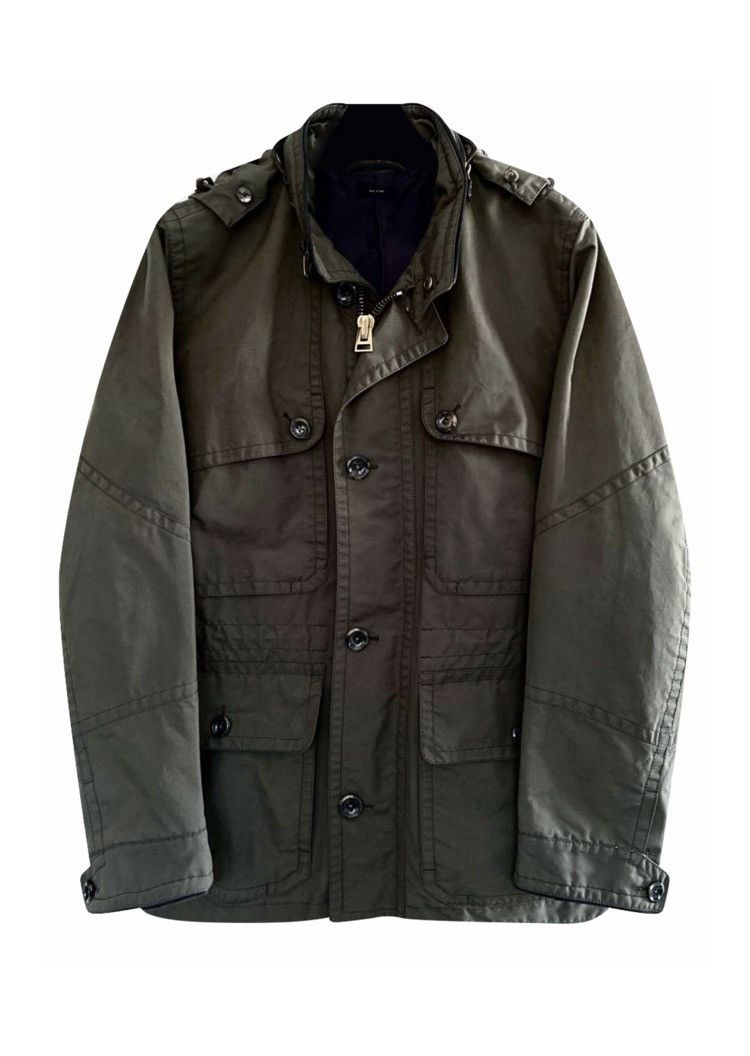 image of Tom Ford All Over Detail Leather Belt Pocket Hooded Jacket in Khaki, Men's (Size Large)