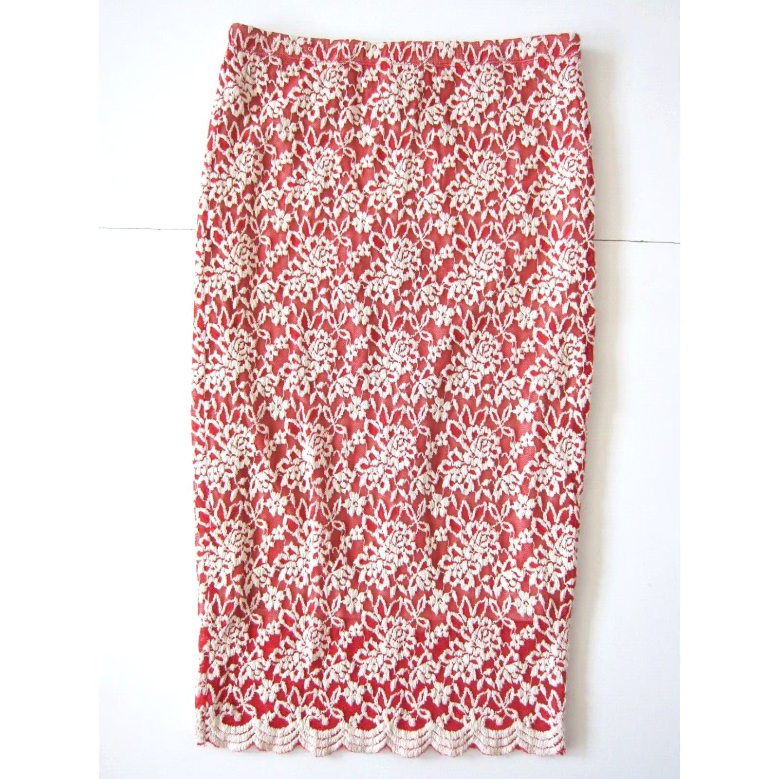 Vintage Bobeau Skirt Small NWT Red White Embroidered Floral Lace Stretch Pencil Size 28" / US 6 / IT 42 - 2 Thumbnail