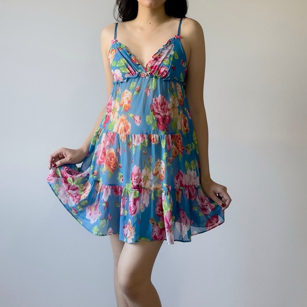 Betsey Johnson × Vintage Vintage Betsey Johnson Blue Floral Mesh Sheer Slip Dress (S) Size S / US 4 / IT 40 - 4 Thumbnail