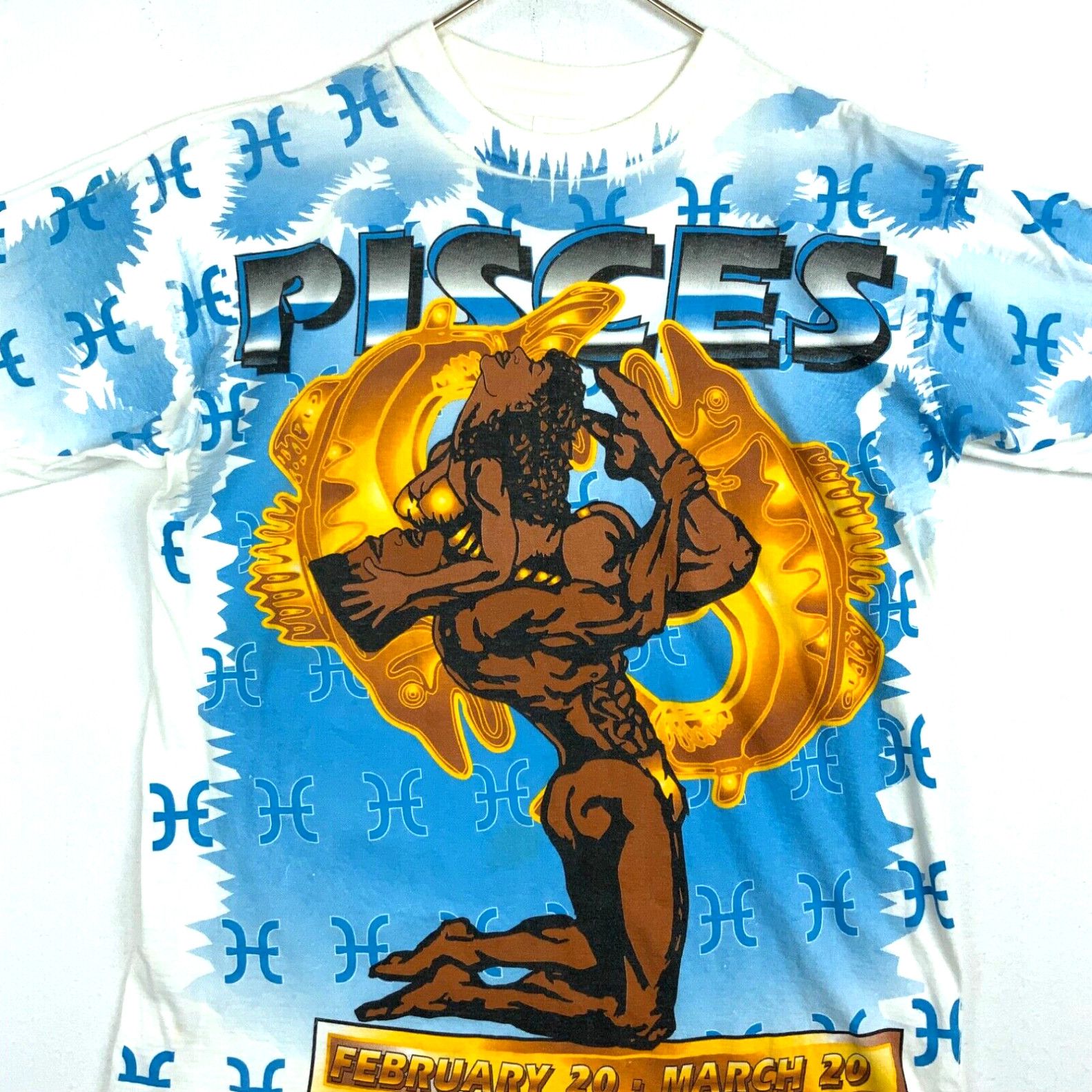 Image of Vintage Pisces Horoscope All Over Print T-Shirt Size XL White Single Stitch 90S, Men's